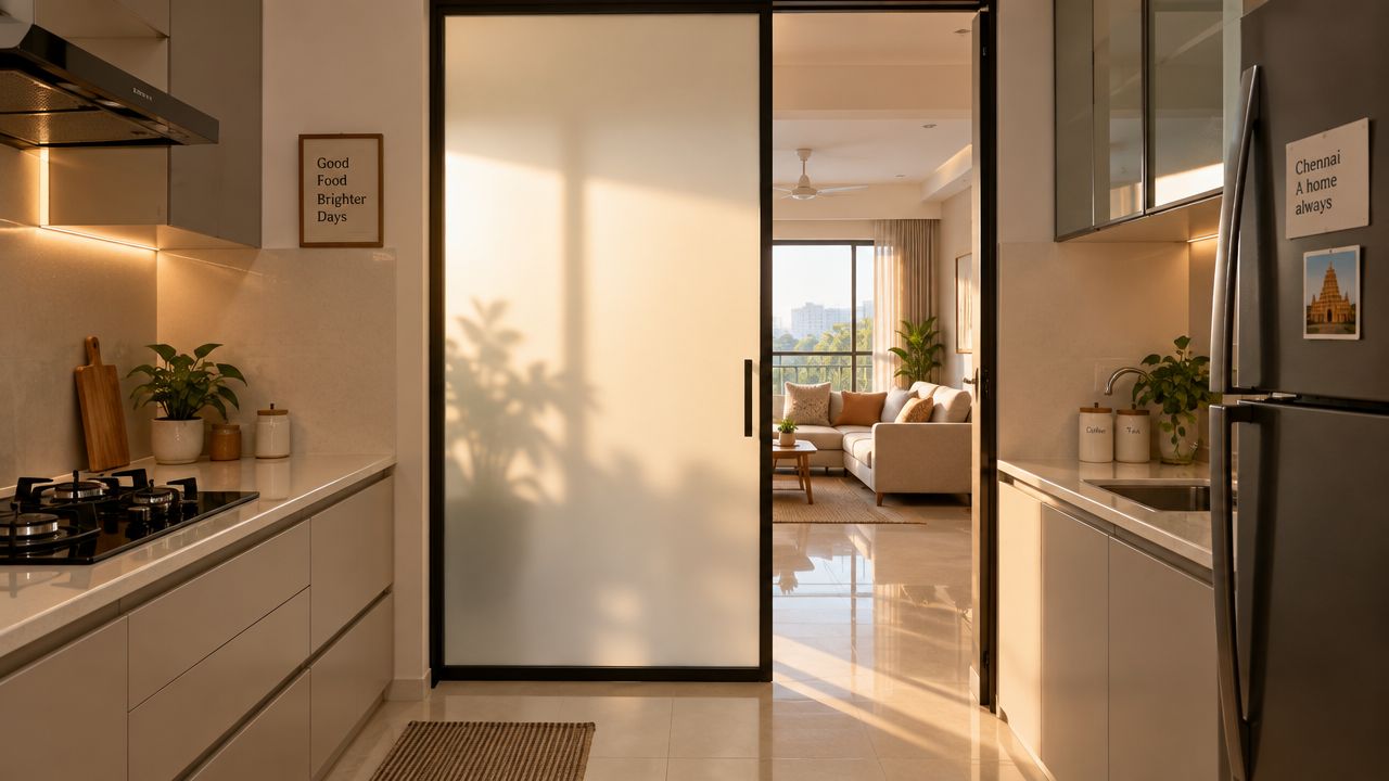 A modern kitchen with minimalist grey cabinets, a frosted glass sliding door, and a cozy living room visible.