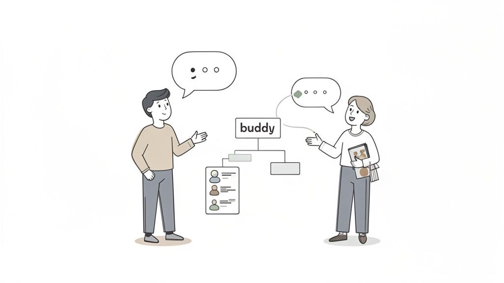 Illustration of two colleagues discussing a 'buddy' system flowchart with connected user profiles.