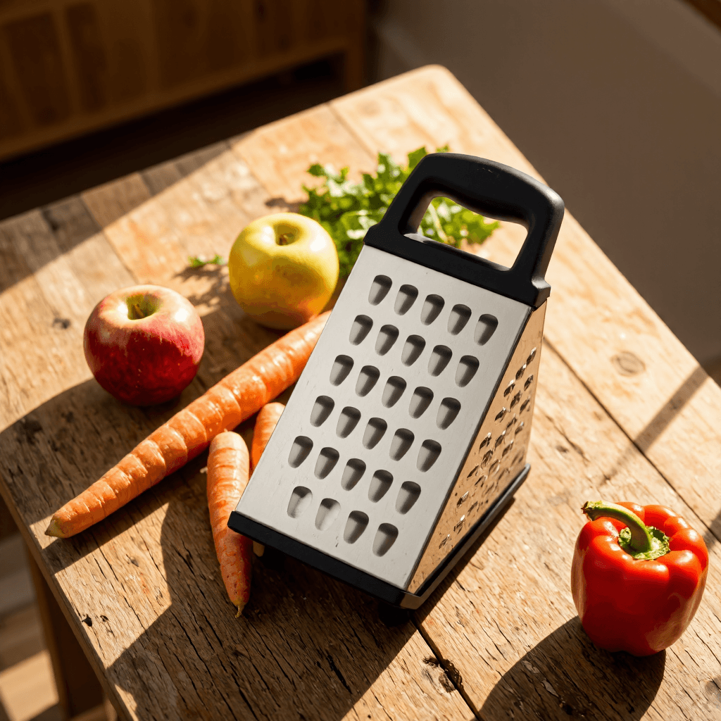 product photography of a box grater used for shredding and grating food