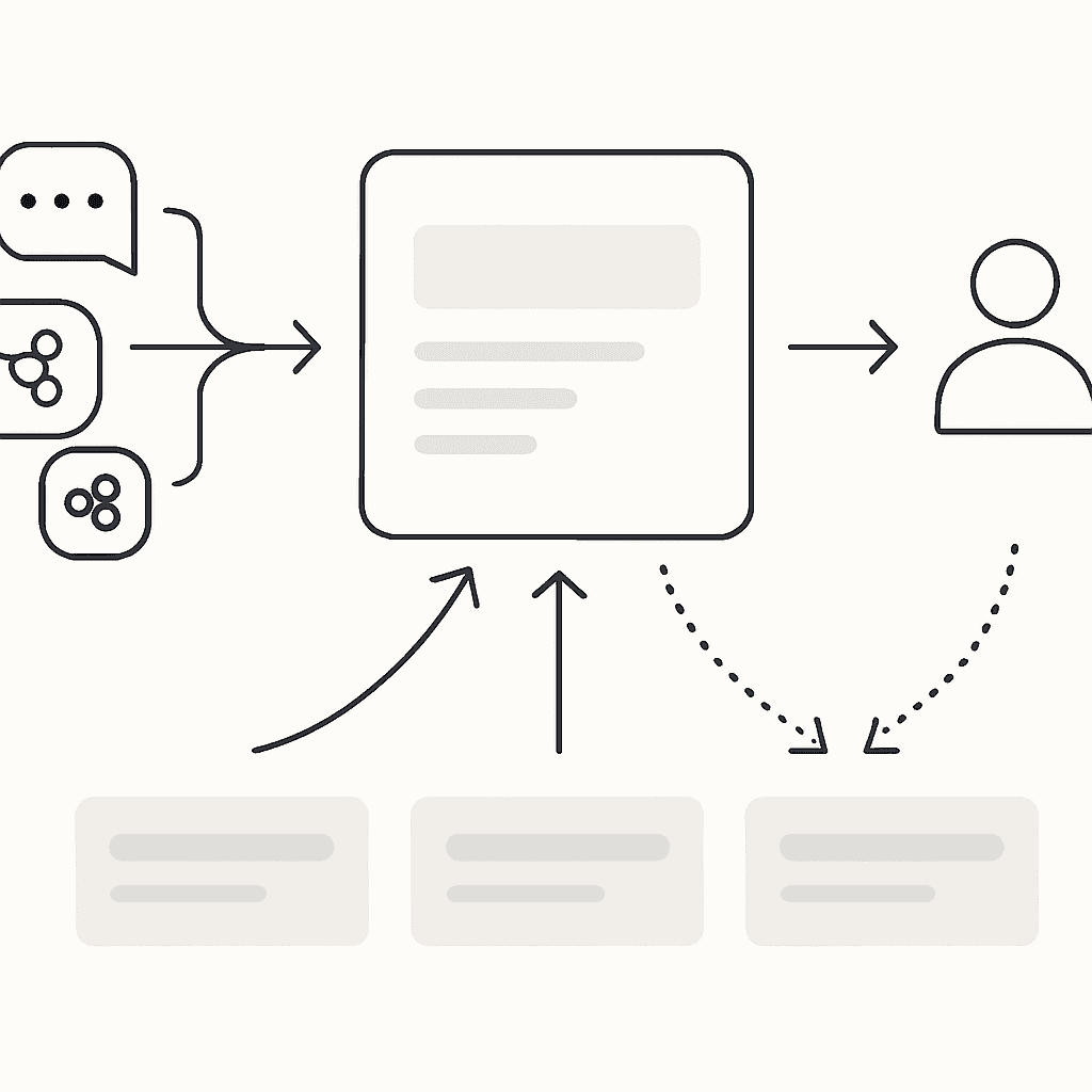 Diagram showing AI engines aggregating into one overview answer that skips traditional search clicks
