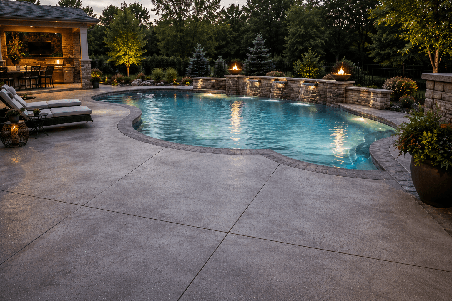 Decorative concrete pool deck surrounding a backyard pool in Durham, NC, installed by Concrete Hippo.