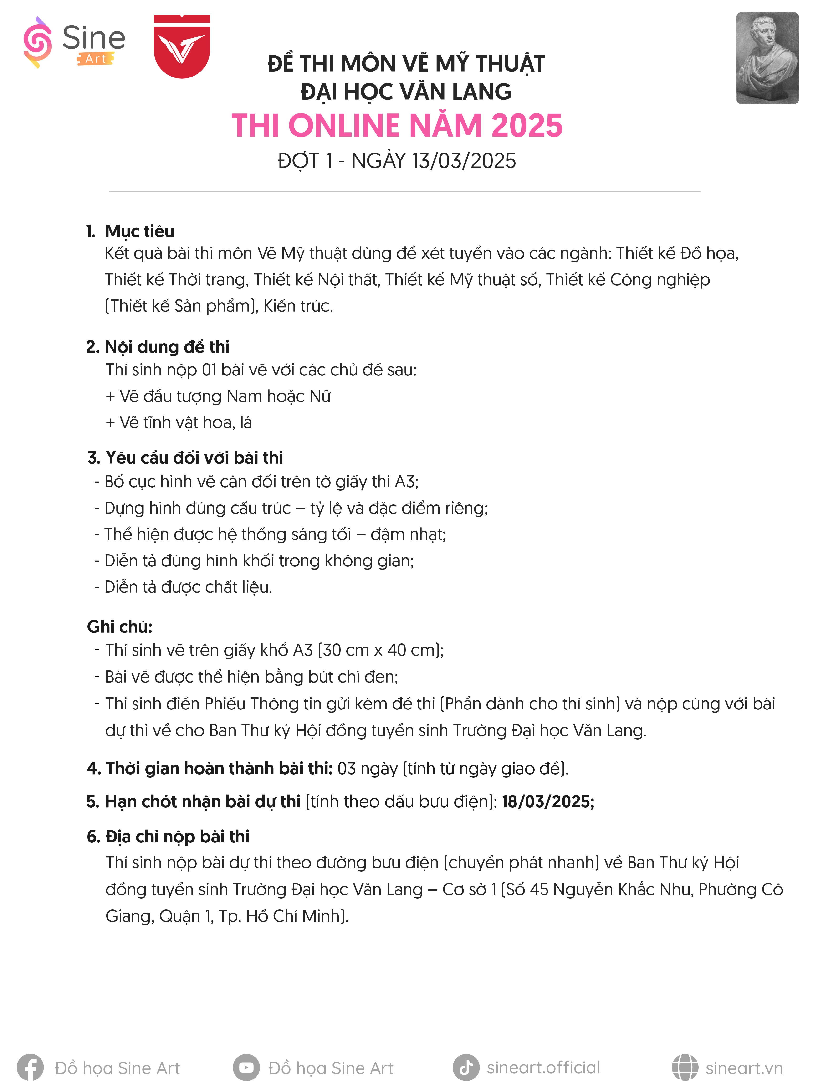 Đề thi môn vẽ mỹ thuật Đại học Văn Lang năm 2025 (Online Đợt 1)