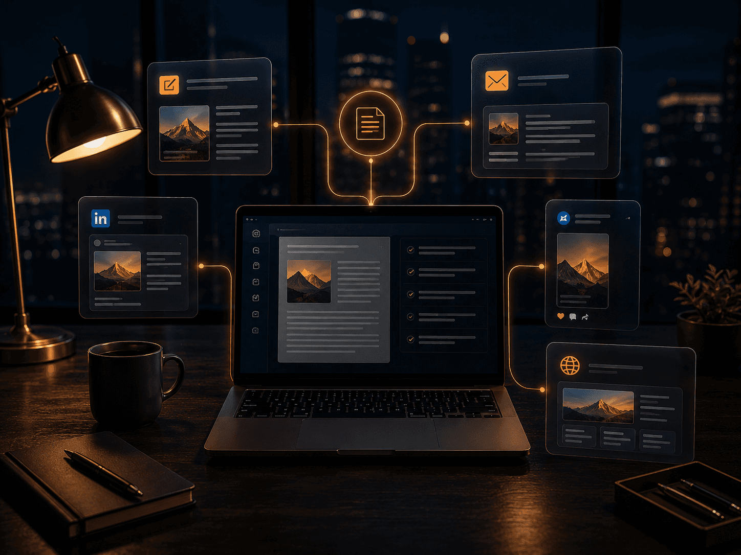 AI-powered content repurposing workflow showing a central article on a laptop automatically branching into multiple content formats including social media, newsletters, LinkedIn posts, and website content through connected publishing pathways.