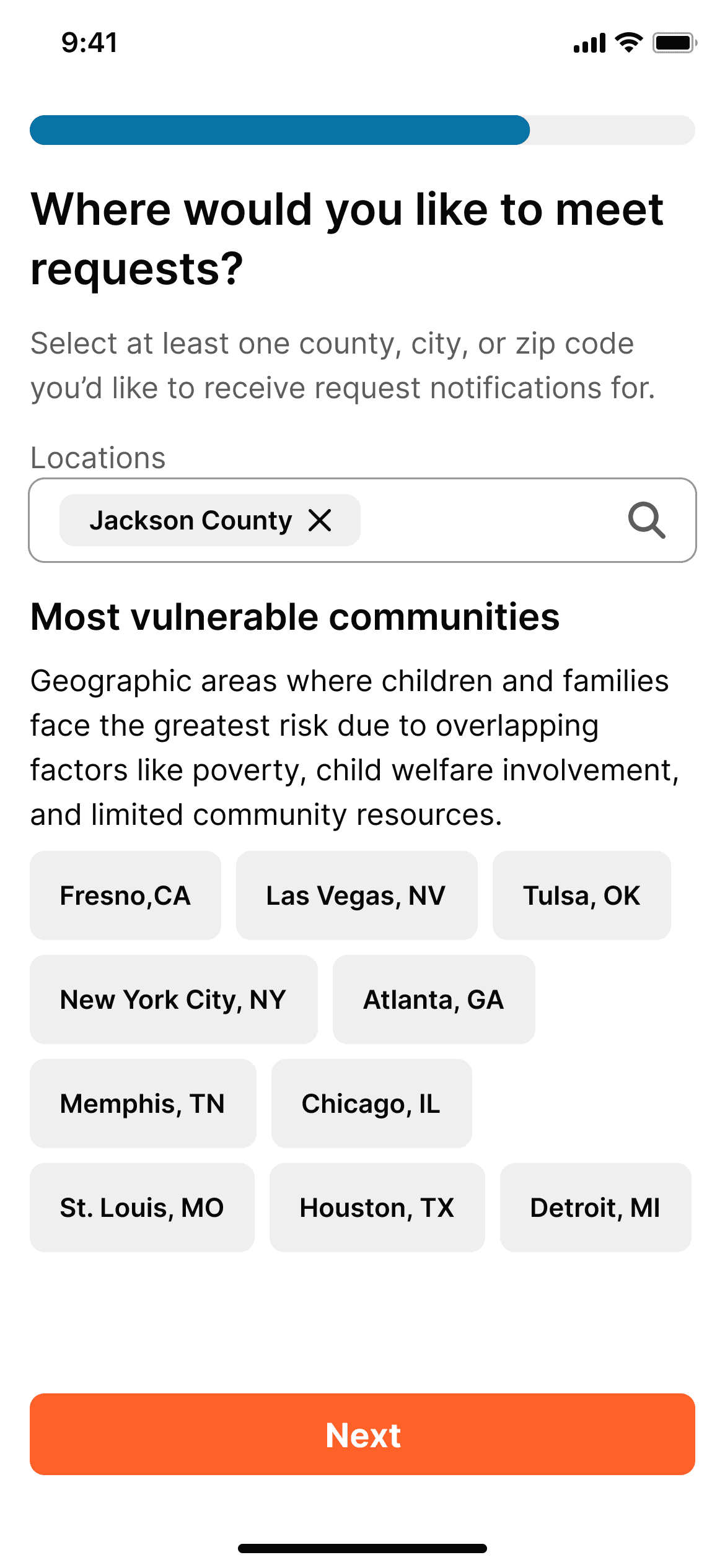 Location preferences screen showing vulnerable communities