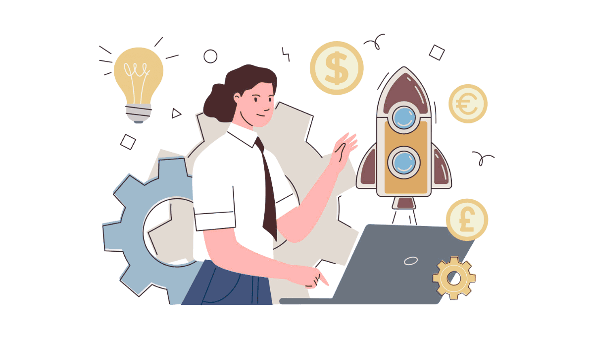 Illustration of a professional working on a laptop surrounded by gears, a rocket, and currency symbols.