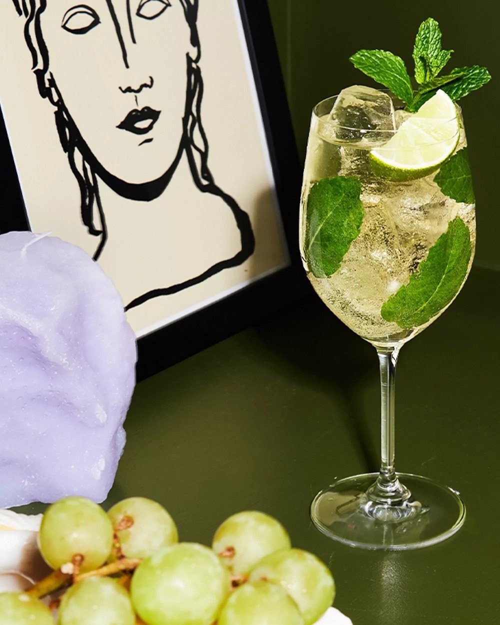 St Germain Hugo Spritz and illustrated Avant Garden product still life