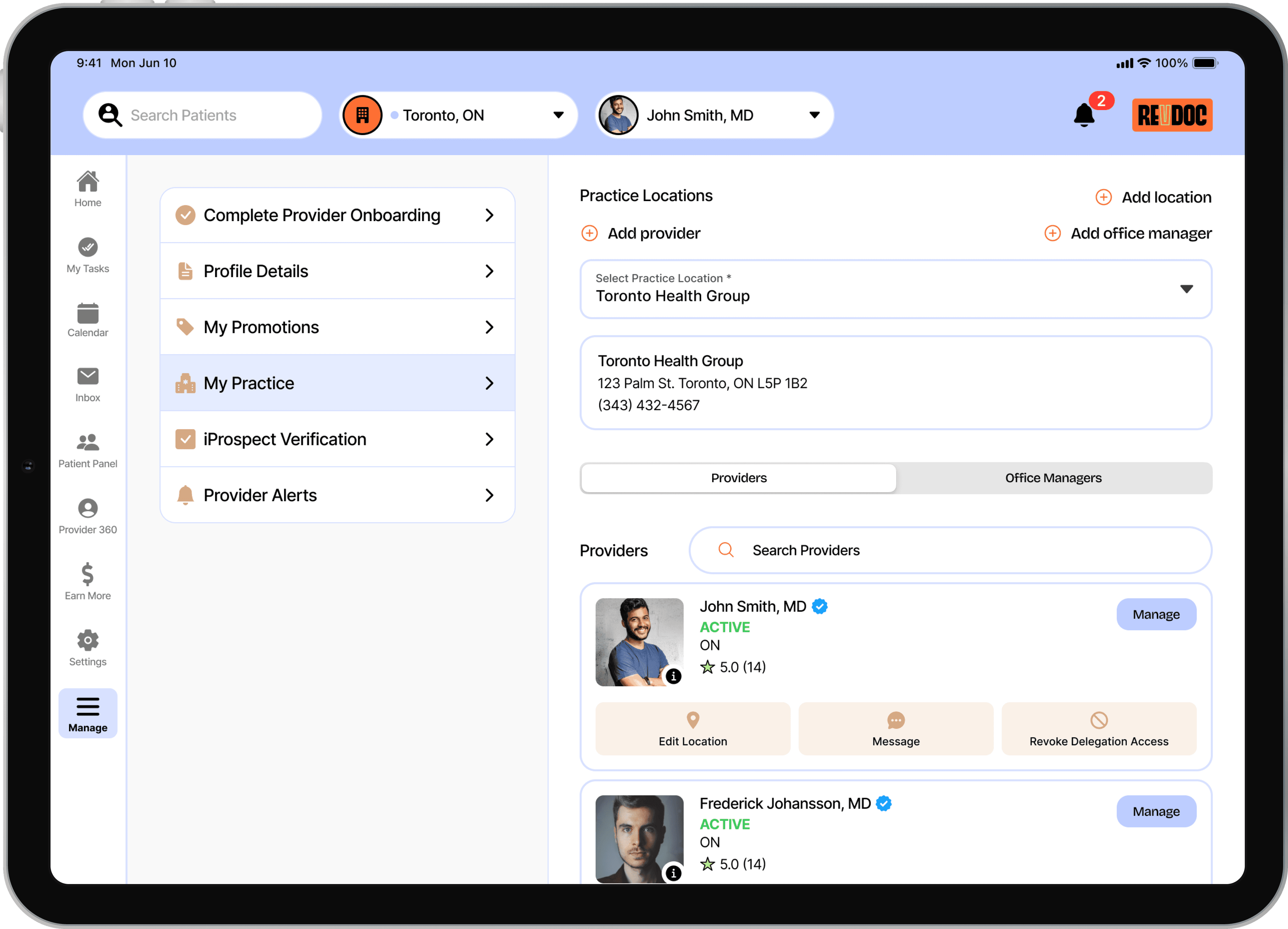 RevDoc's user interface for the My Practice tab of the Provider iPad app.