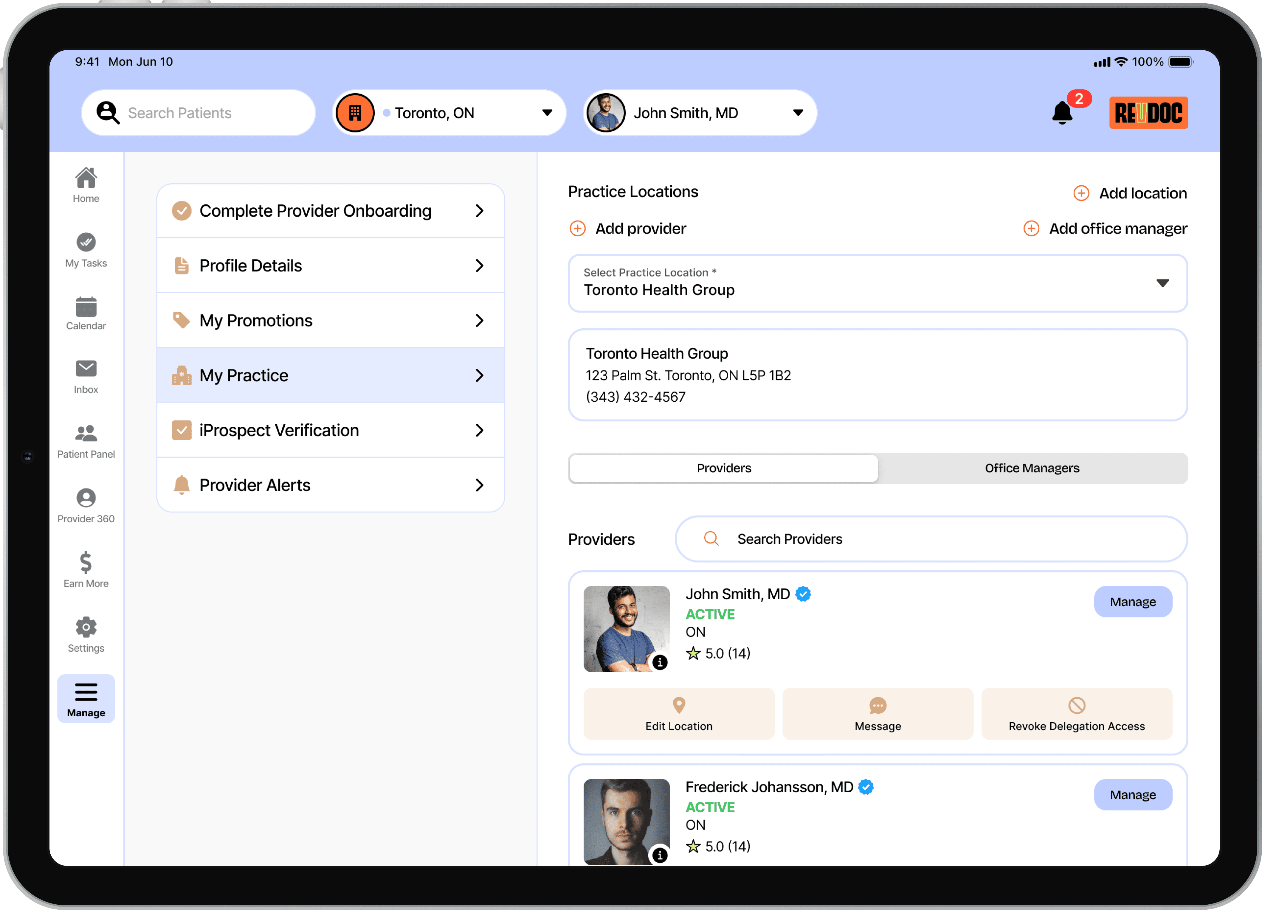 RevDoc's user interface for the My Practice tab of the Provider iPad app.