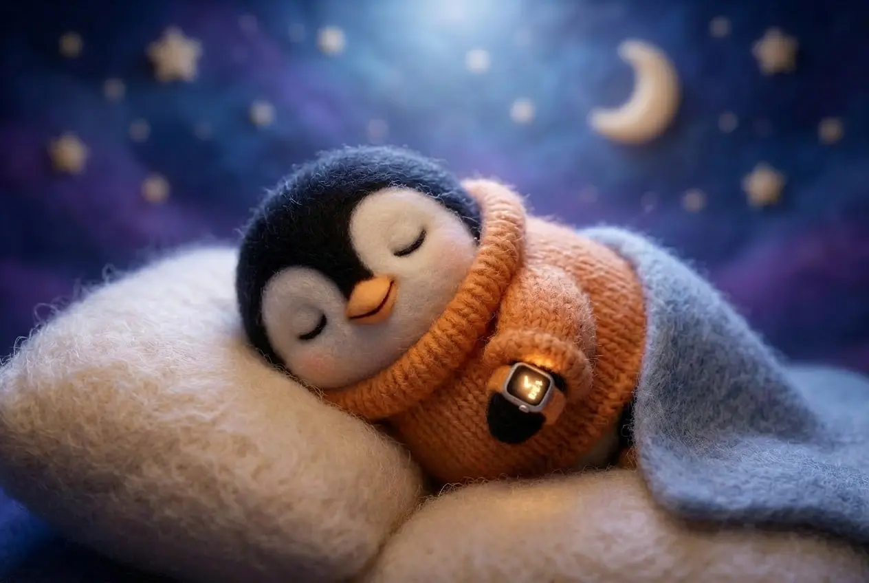 A wool felt penguin in lavender pajamas sleeping peacefully on a pillow with an Apple Watch softly glowing on its flipper