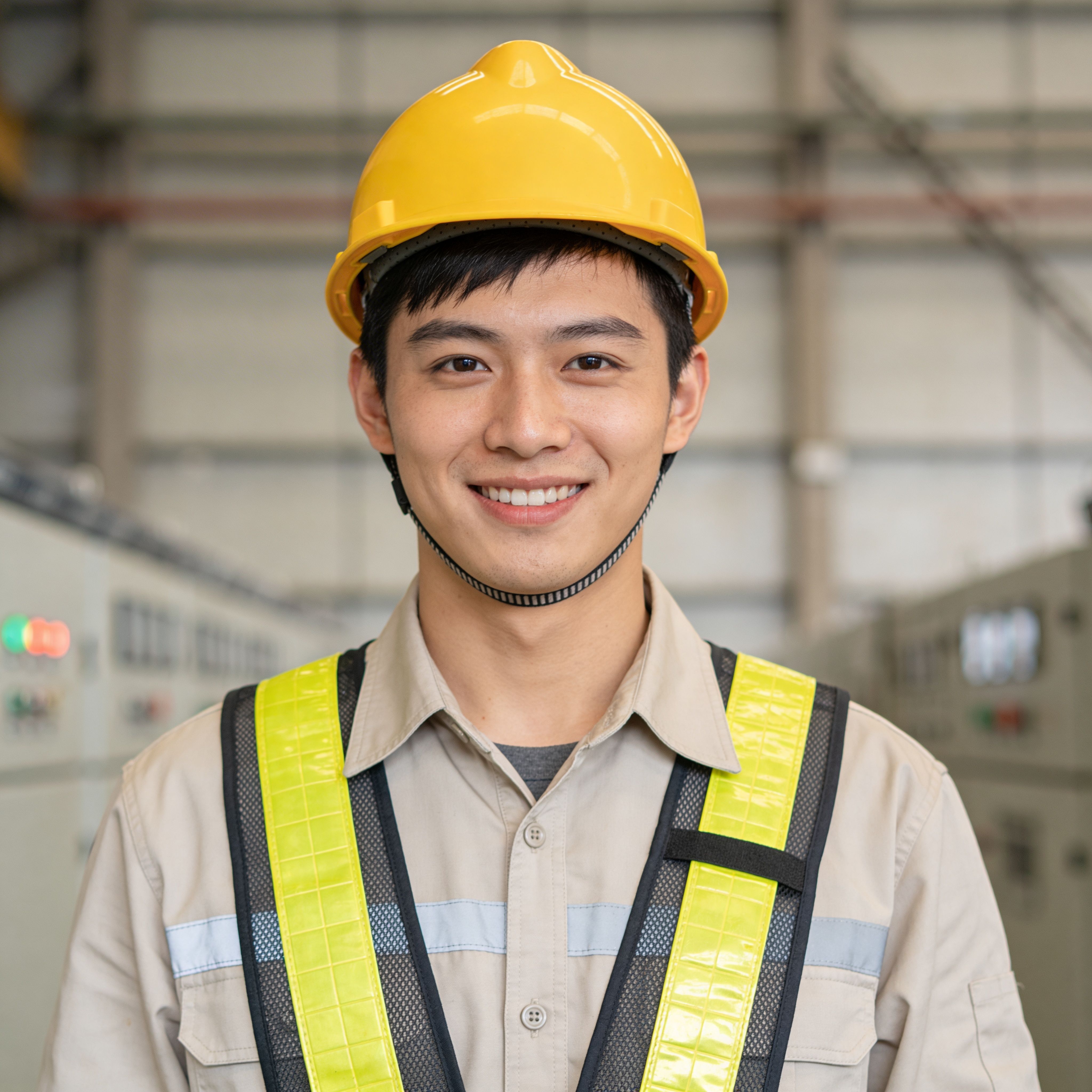 Young electrician in yellow hard hat and hi-vis safety vest smiling at industrial plant