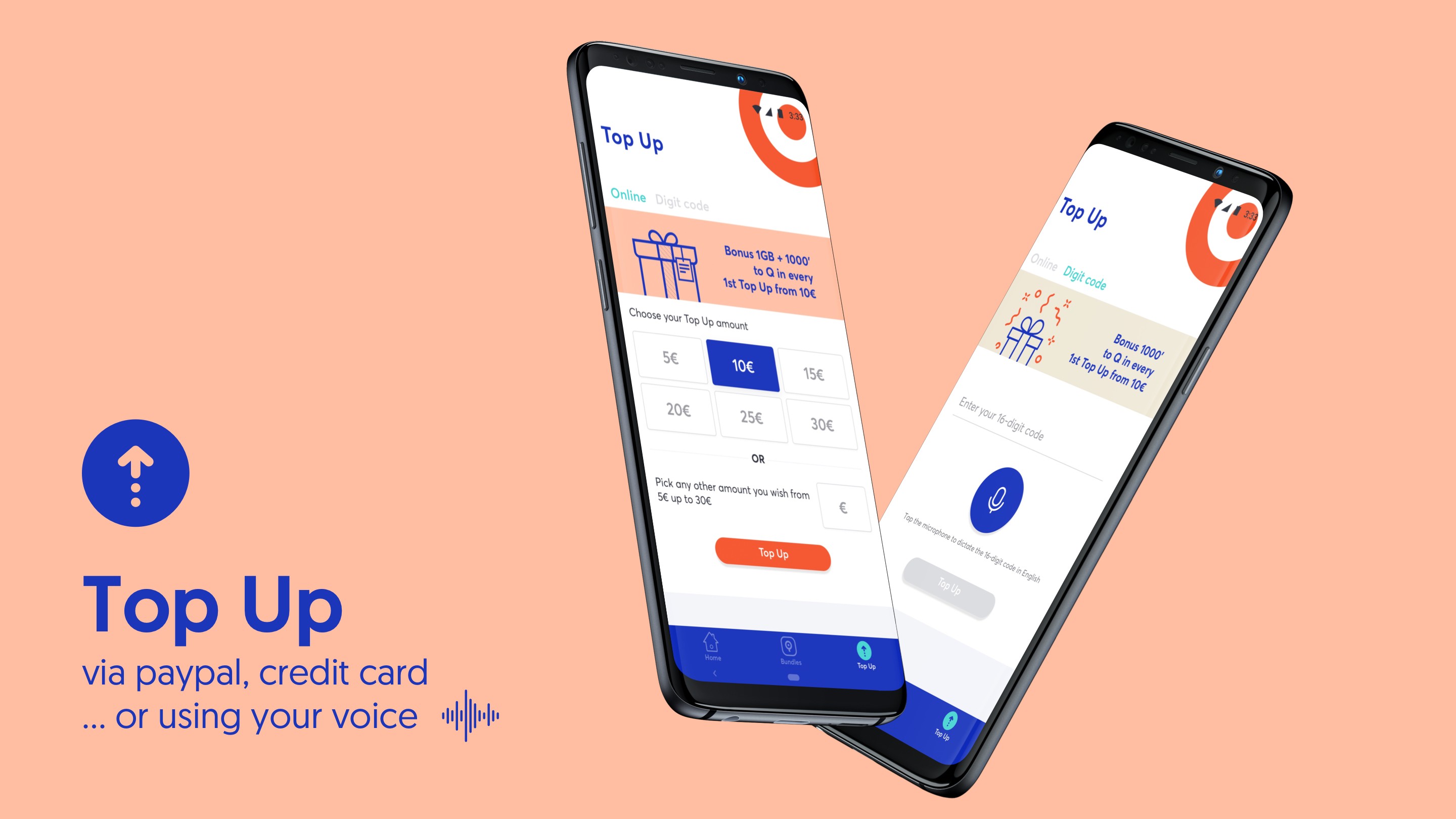 myQ mobile app displaying online and digit code tops up options