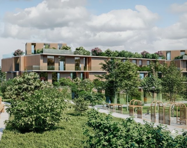 Moderner, begrünter Wohnkomplex in der Natur – Ganzheitlicher Ansatz für Nachhaltiges Bauen und Kreislaufwirtschaft.