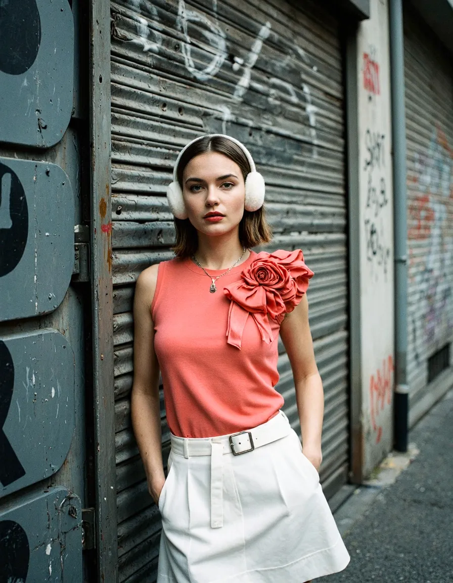 Woman in coral top and white skirt with winter earmuffs posing against urban metal shutters in street style fashion shot