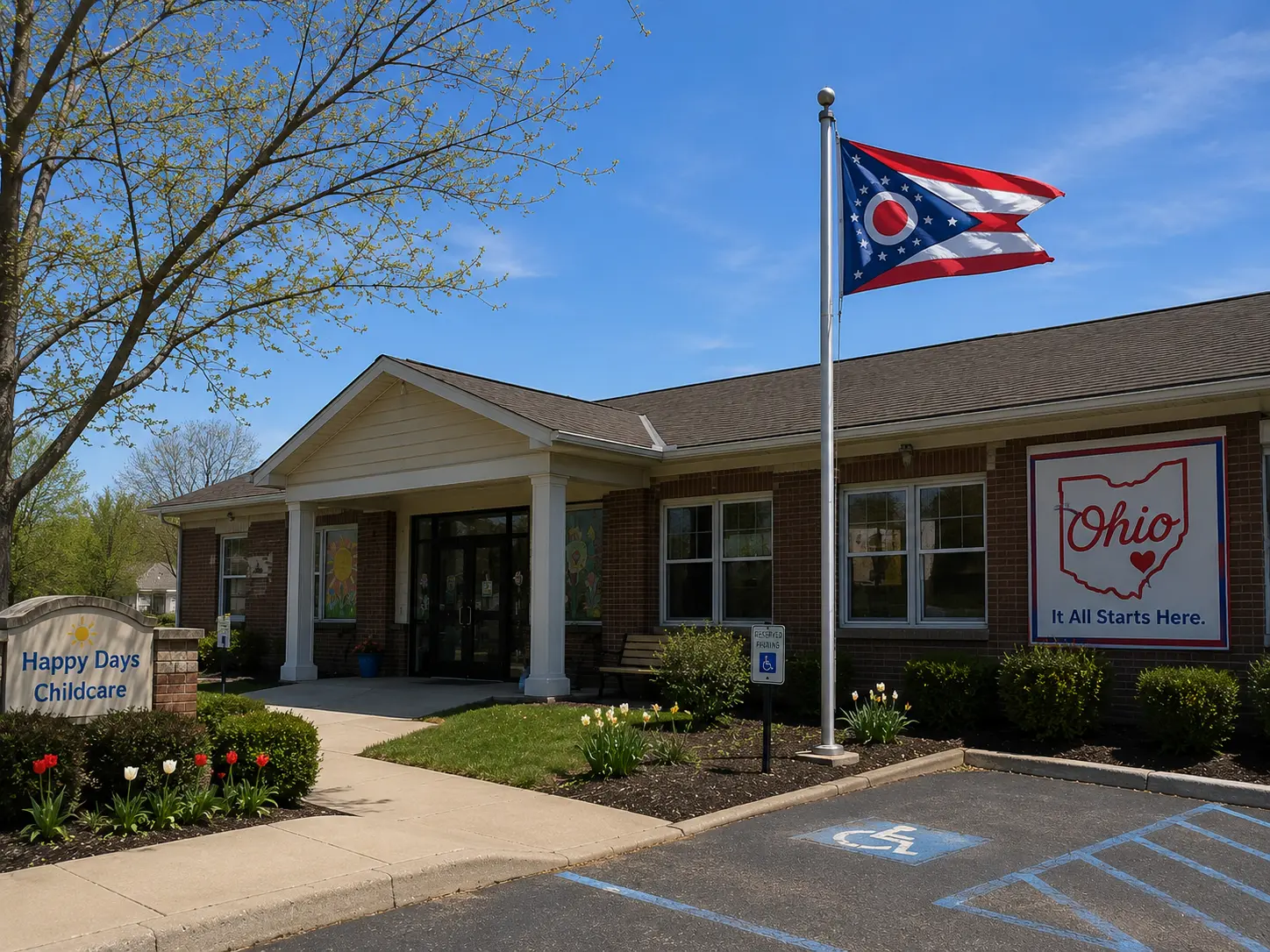 a daycare center from the outside with ohio state flag flying outside