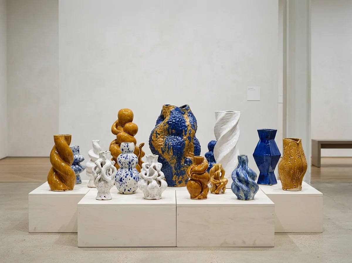 Glazed ceramic forms on low plinths, installation view