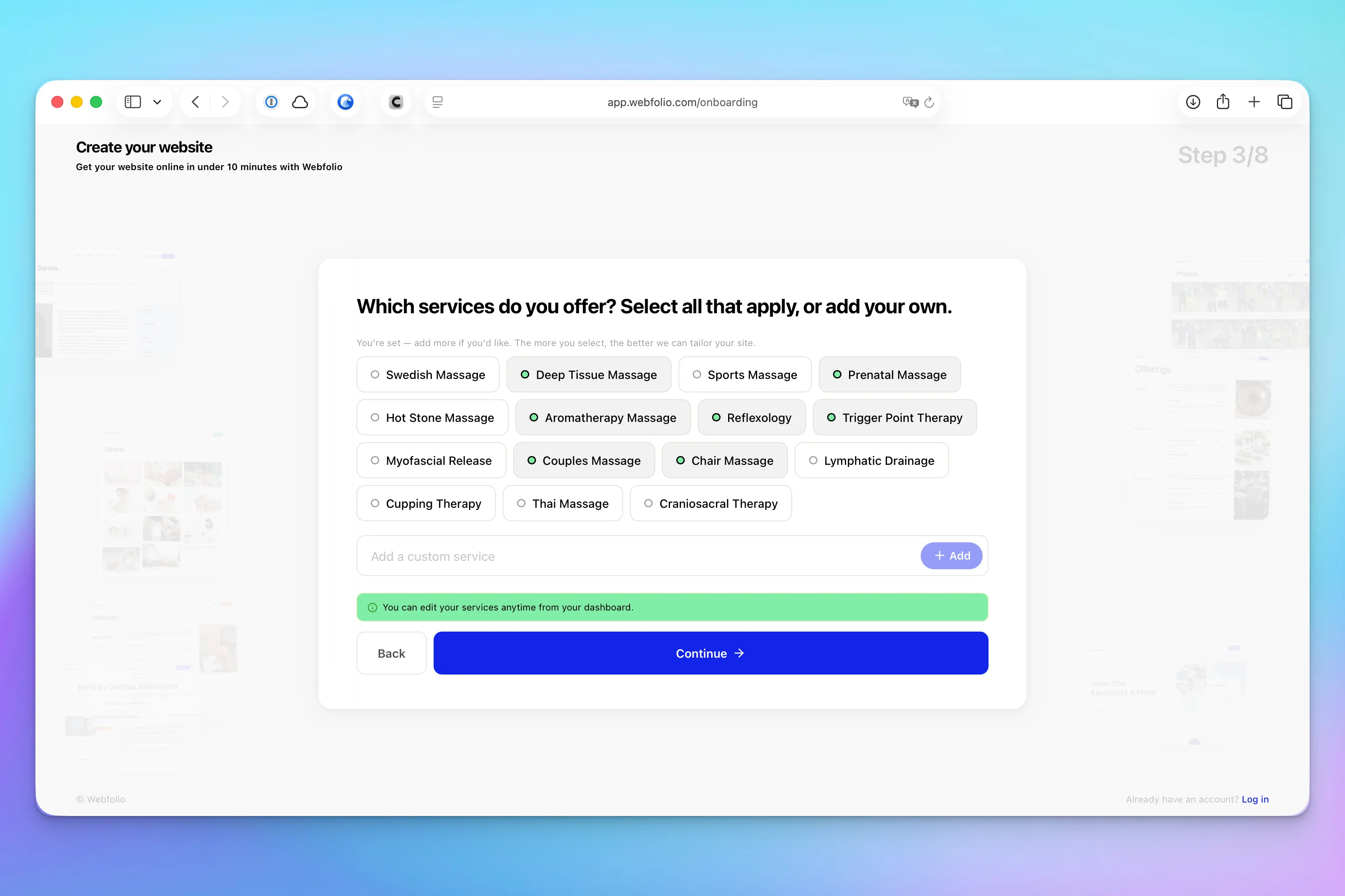 Screenshot of webfolio website builder onboarding wizard