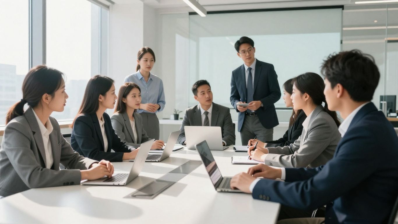Business leaders collaborating in a modern office.