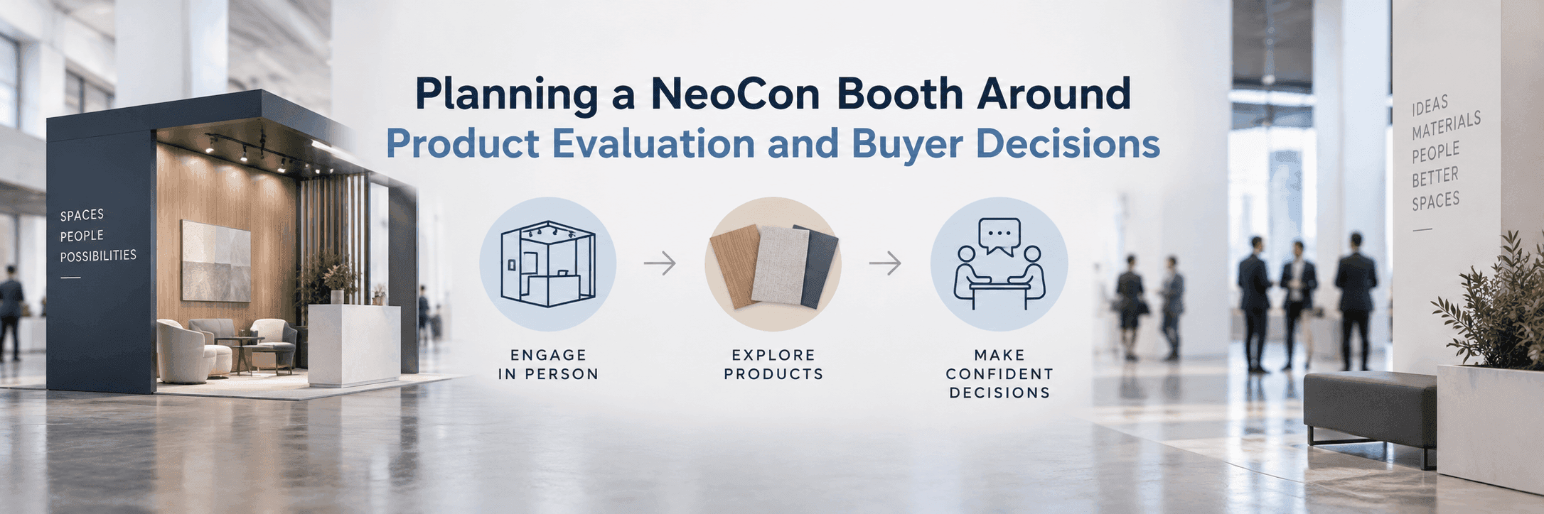 NeoCon booth planning with product evaluation areas, material comparison displays, and specifier discussion space