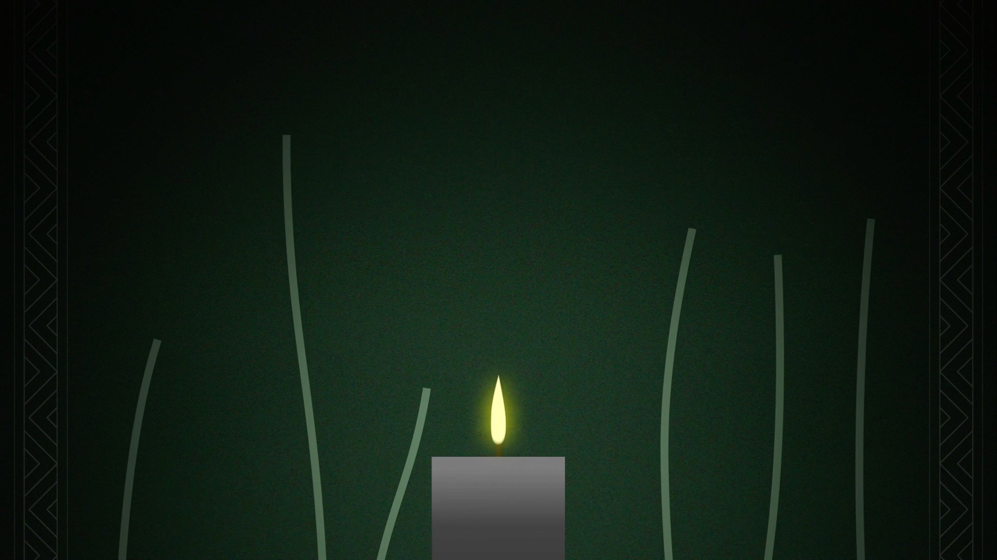 Still from Video 1. Illustrated flower stems grow around a glowing candle against a green background.