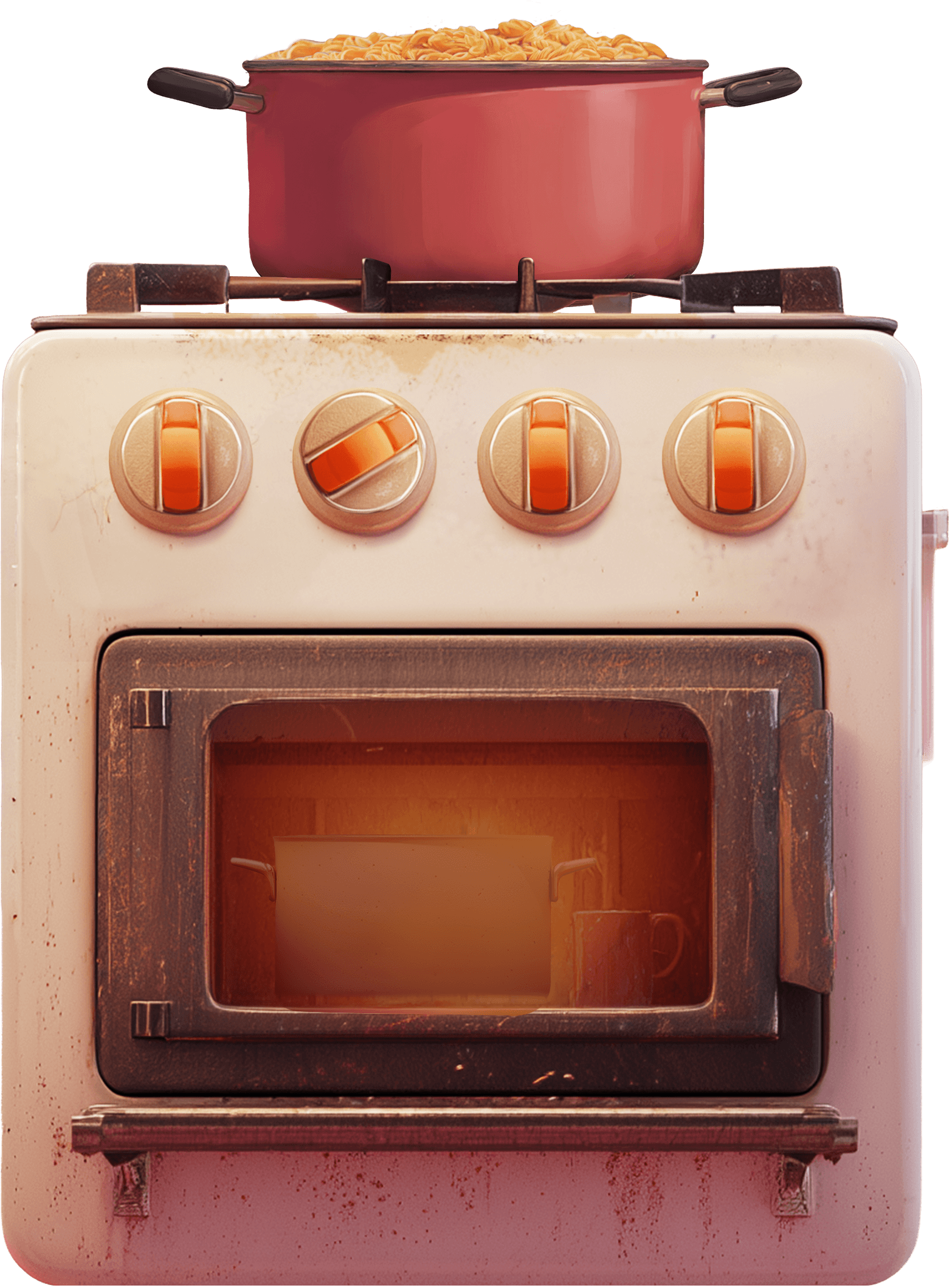 an illustration of a stove with a boiling pasta pot on top and some illuminated cups inside