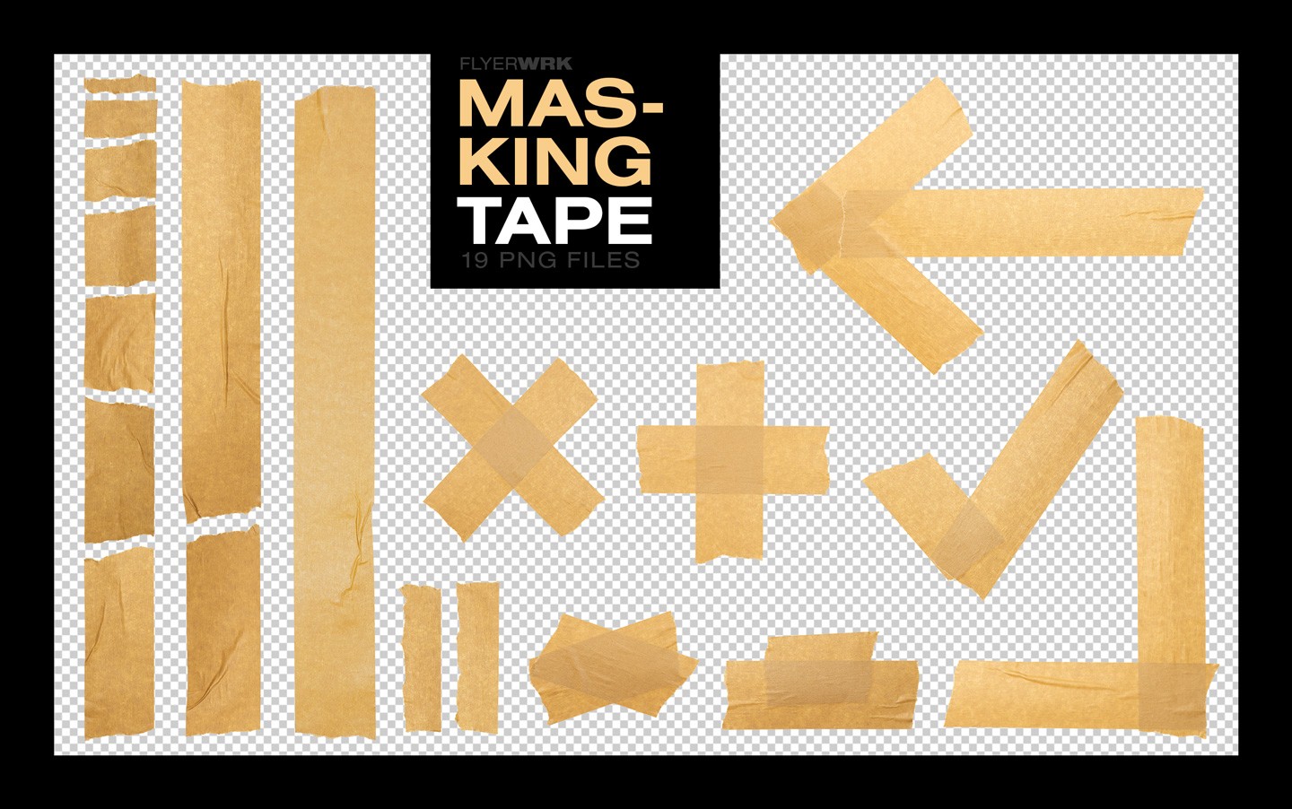 Isolated Adhesive Tape Pieces masking tape pack with nineteen paper texture strips and geometric shapes
