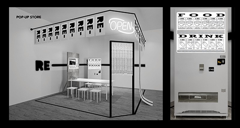 A black and white photo of a glass room containing some boards, a table and some chairs. On the glass wall the text RE- and Open is written above the door.