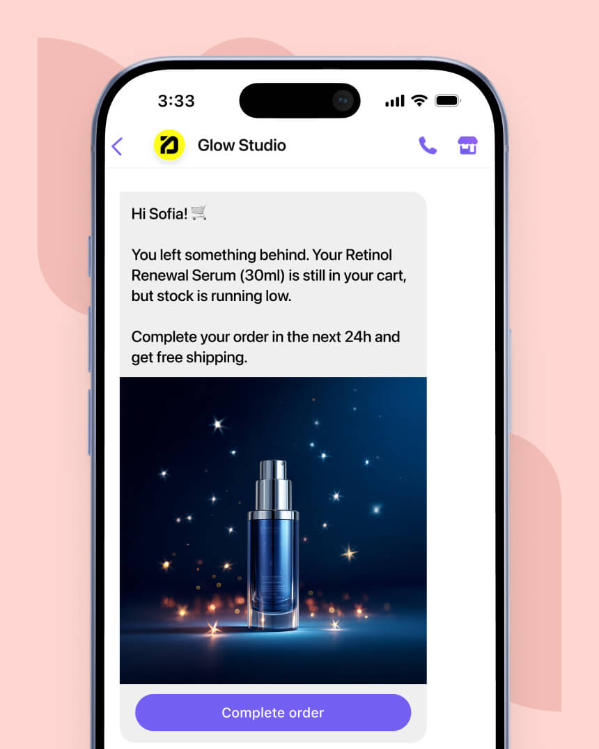 Viber messaging campaign showcasing a personalized message that aims to help a fashion e-commerce store recover abandoned carts.