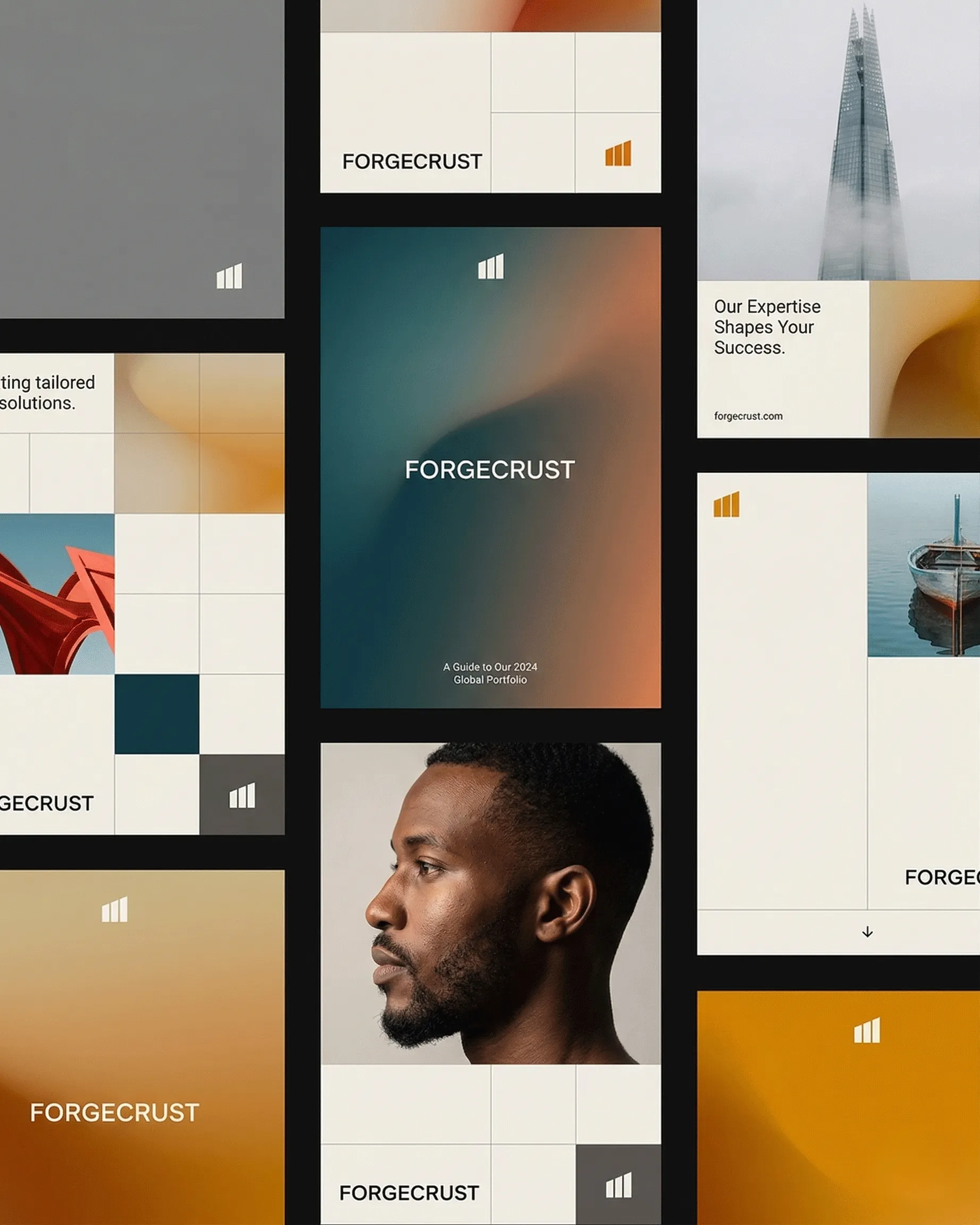 Corporate Identity System eines Immobilienunternehmens — Logomark, Farbpalette, Typografie und Bildsprache als zusammenhängendes Markensystem dargestellt