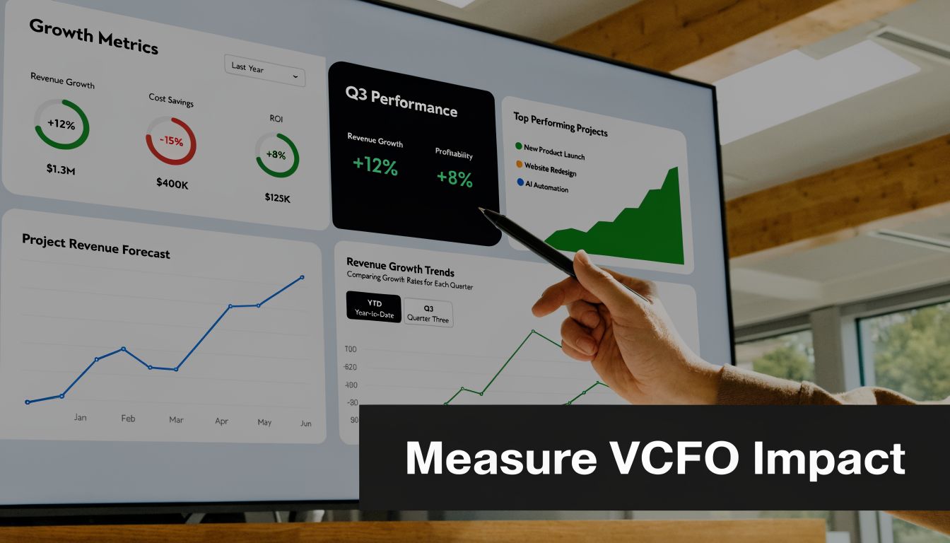 A professional hand pointing at a digital dashboard displaying business growth metrics, revenue forecasts, and performance trends.