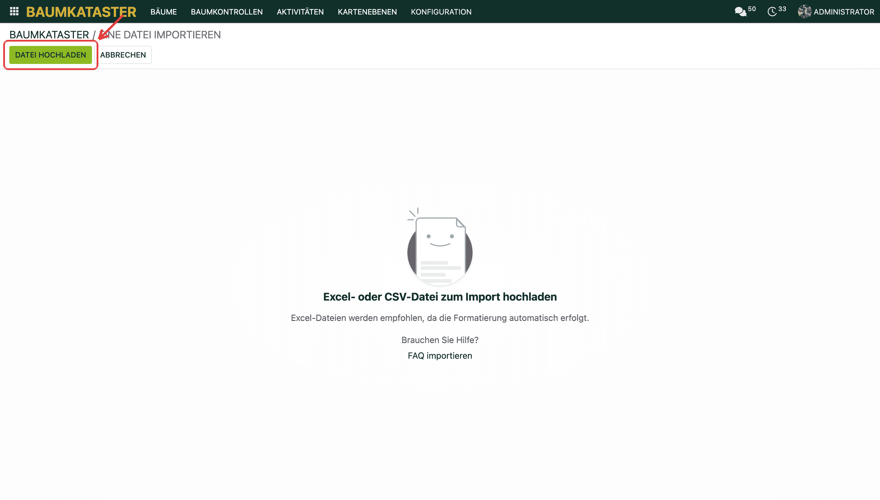 Import-Bildschirm vor dem Hochladen.
