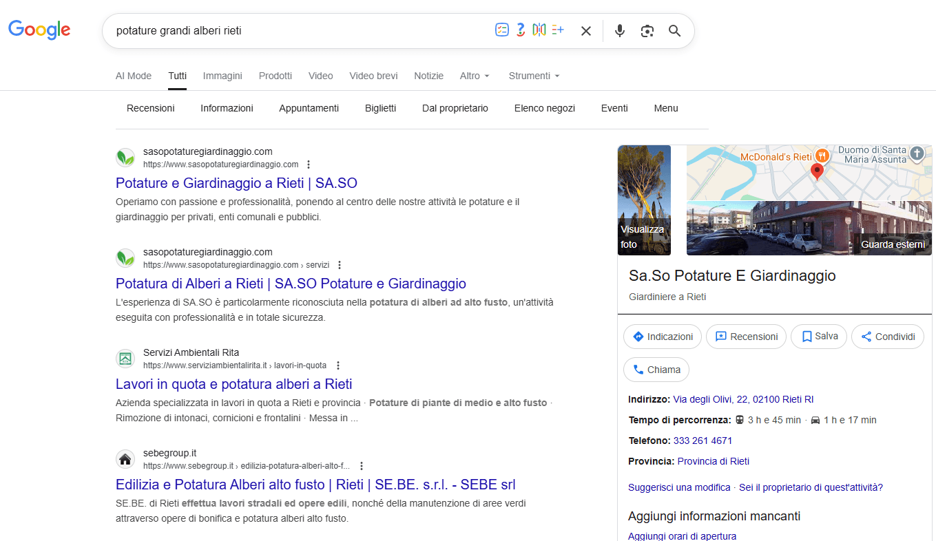 screen di ricerca google con attività locale prima nei risultati e profilo google vicino