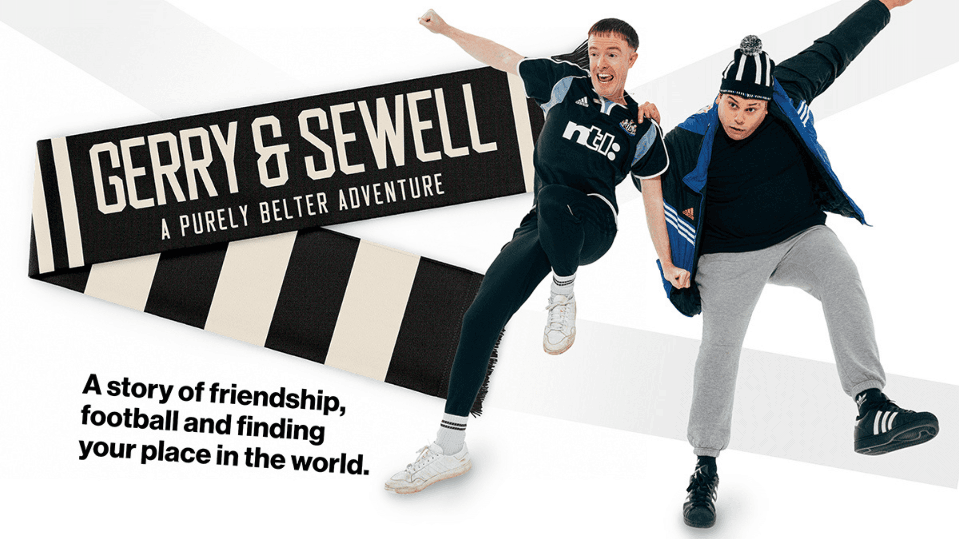 קידום סיור של ג'רי וסוול עם שני אנשים לבושים בבגדי ספורט ובצעיף מפוספס.