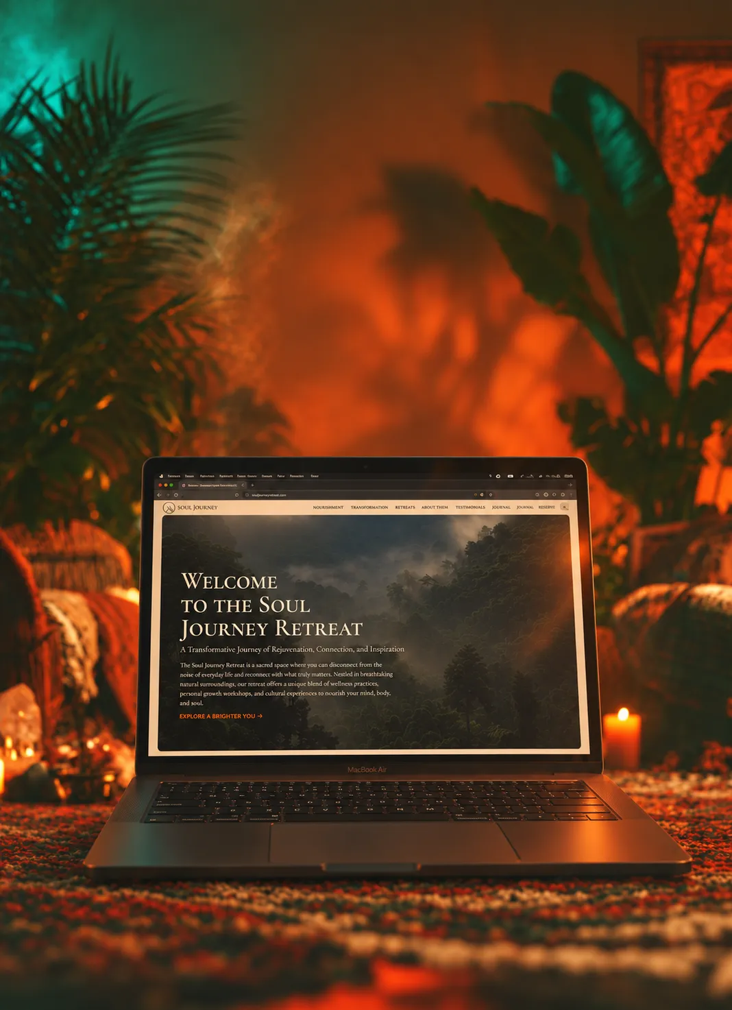 MacBook Air displaying the Soul Journey retreat website in a warm, plant-filled interior