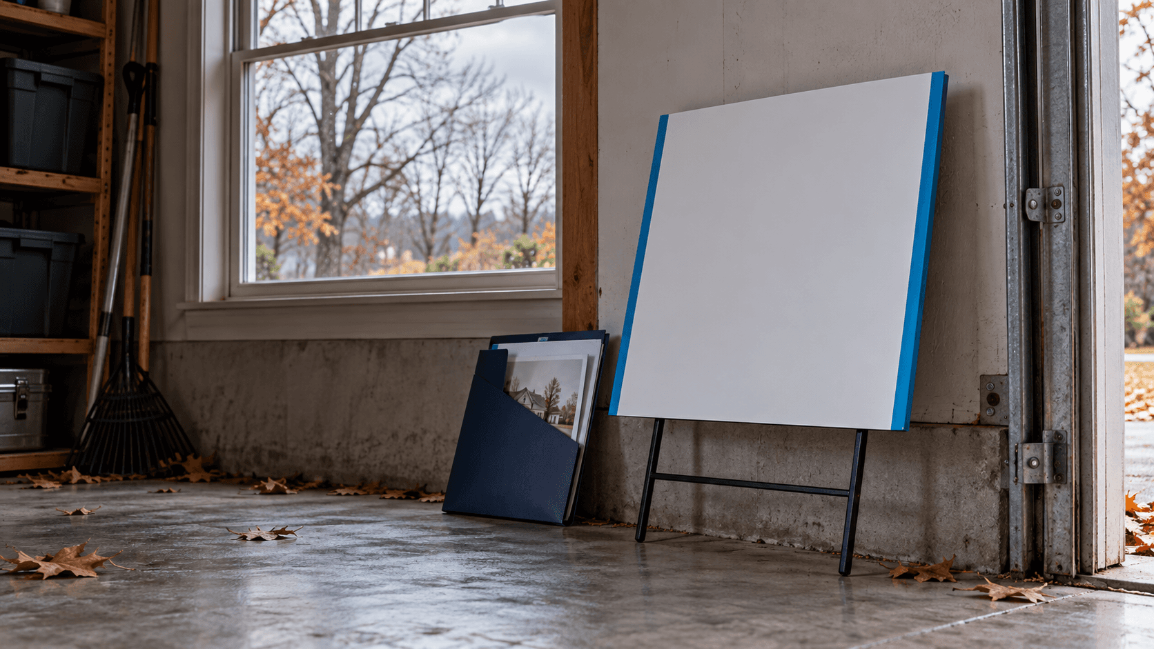 A blank blue-edged real estate sign and listing folder lean against a garage wall beside an autumn window.