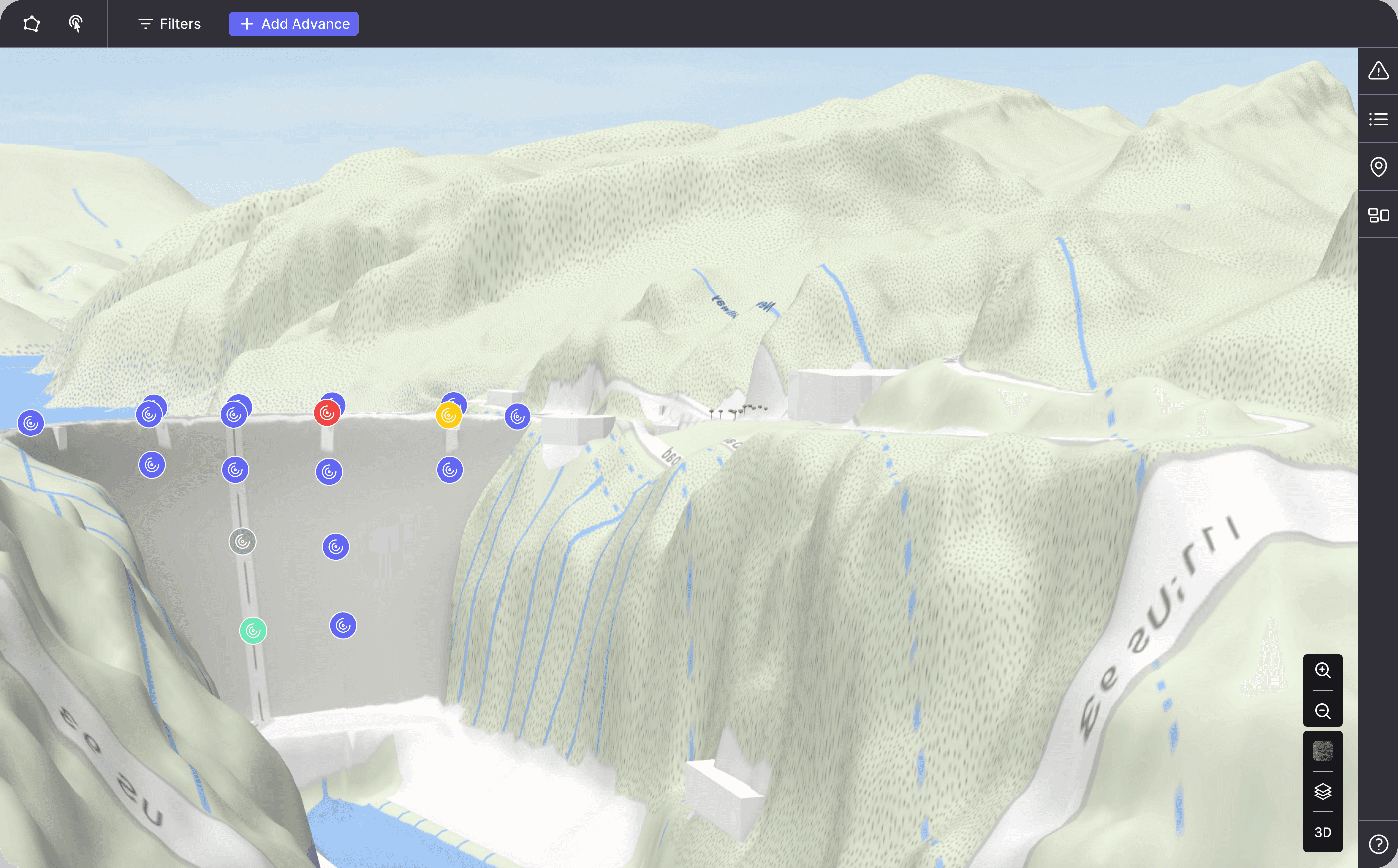 A 3D view of a dam with different sensor and instruments on it.