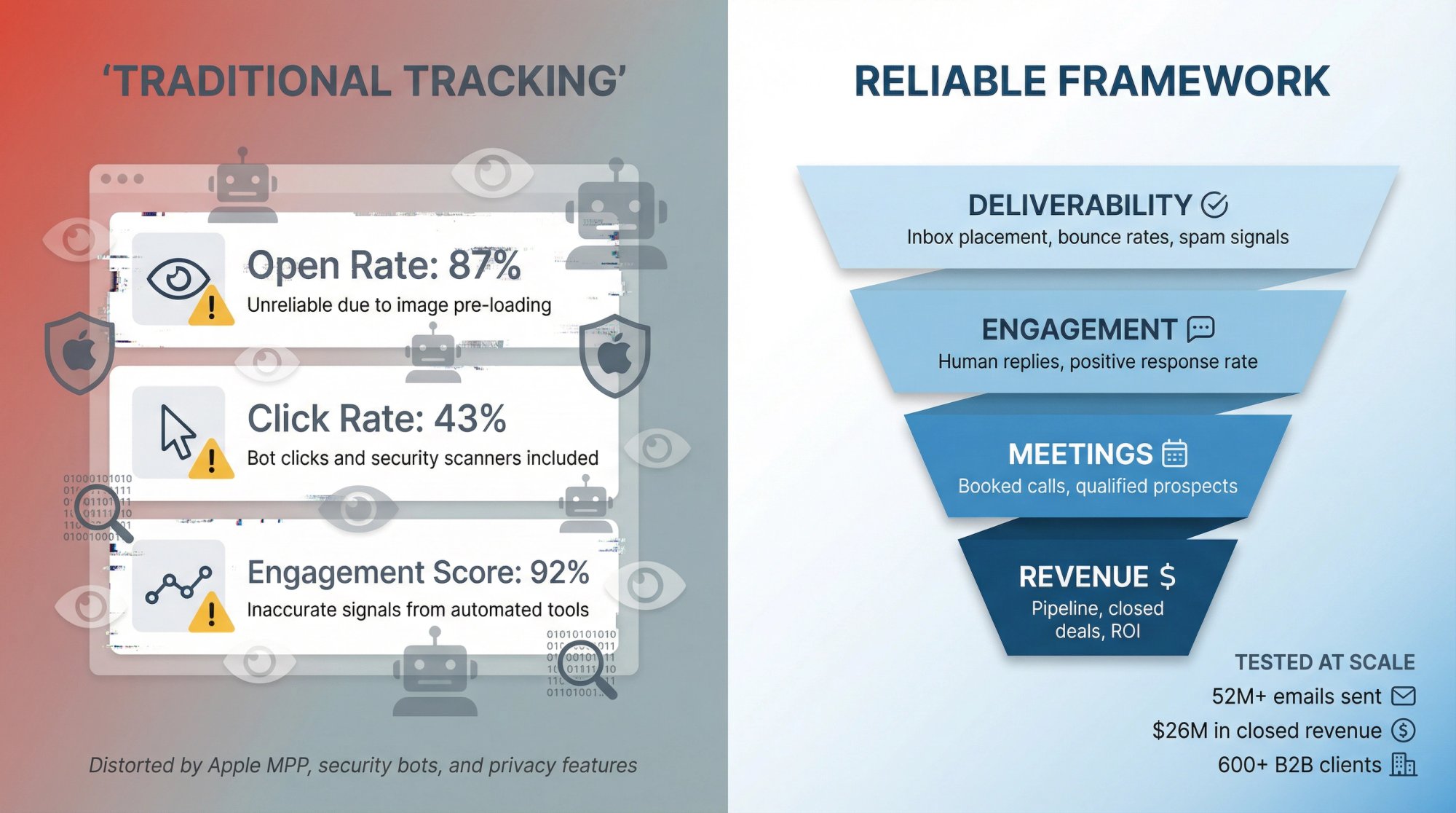 Split comparison showing broken traditional cold email metrics vs. reliable 4-stage tracking framework