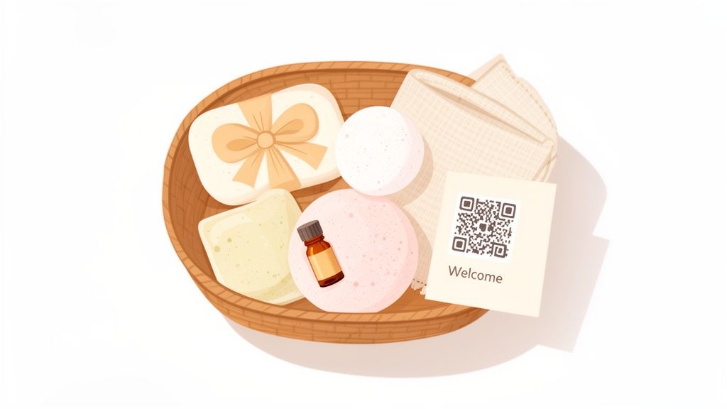 A woven welcome basket filled with spa essentials: bath bombs, natural soaps, essential oil, and a welcome card.