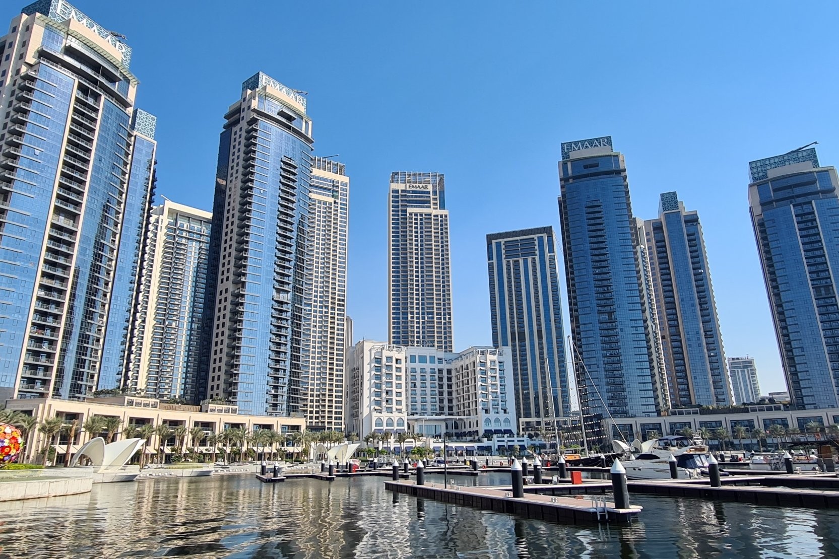 Panoramic view from the top of a building overlooking Dubai Creek Harbour