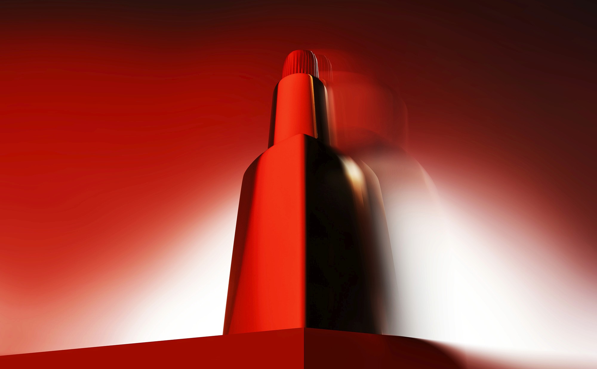 A tall, abstract structure in vibrant red against a gradient background, creating a dramatic, modern effect.