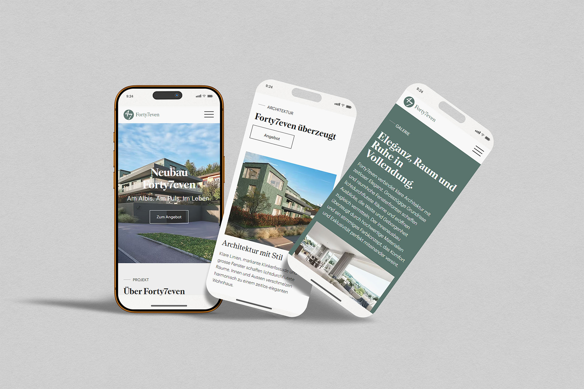 Immobilien Projektseite Forty7even auf mehreren Smartphones präsentiert.