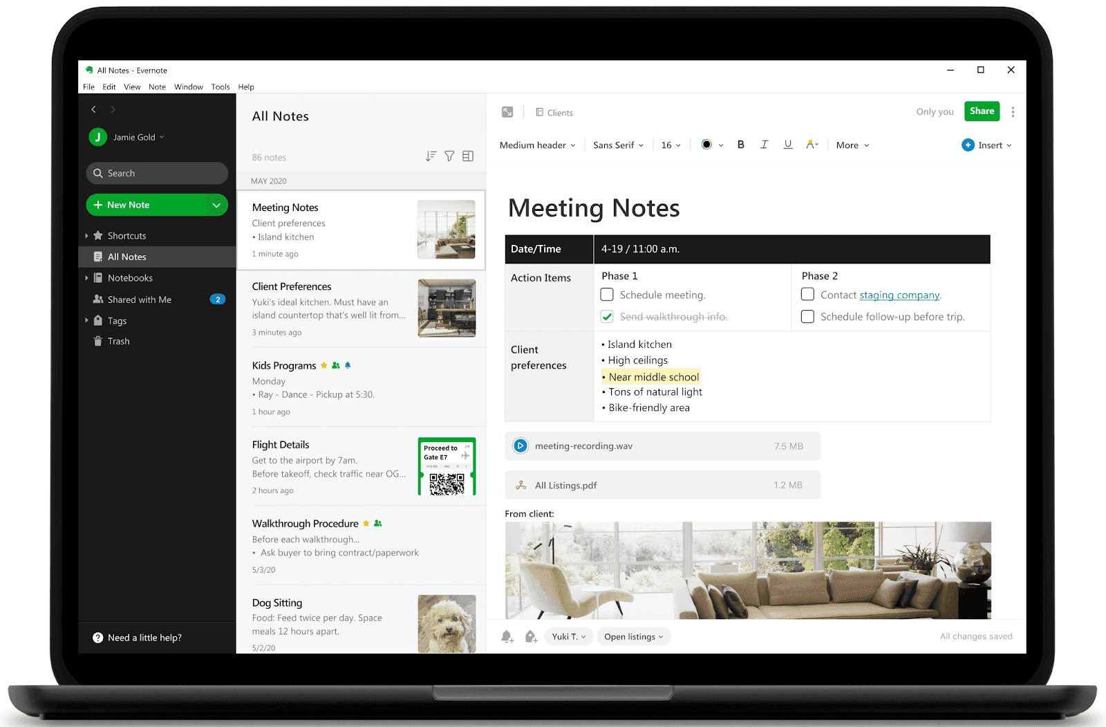 Evernote with a meetings notes page opened, with a variety of rich media on the page