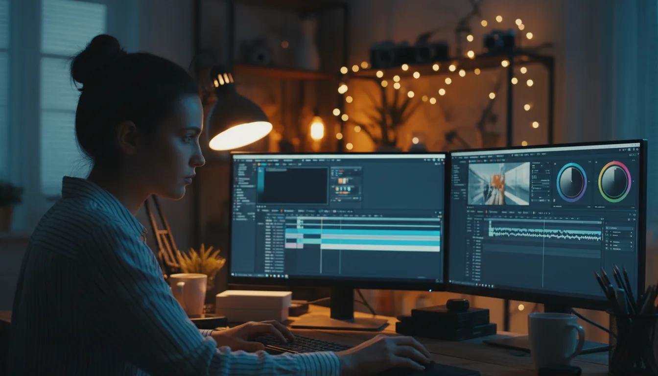 DSLR photography, medium shot of a female video editor in profile, working intently at a wooden desk in a dimly lit creative studio at night. She is focused on a dual-monitor setup displaying a complex video editing software interface, complete with a video timeline and color grading wheels. Cinematic contrast lighting, with the cool blue glow from the screens illuminating her face, contrasted by warm ambient office lights. The background has a soft bokeh effect. The woman has dark hair in a bun and wears a striped collared shirt. Shallow depth of field.