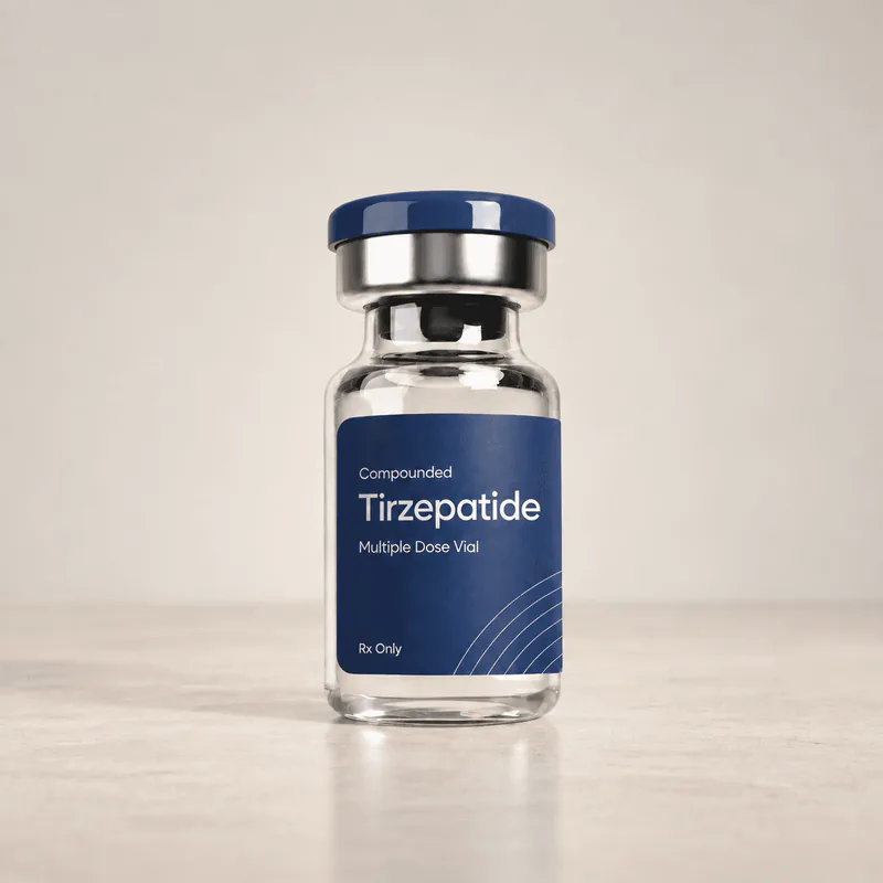 Vial labelled Compounded Tirzepatide, Multiple Dose Vial, Rx Only, on a pale studio surface