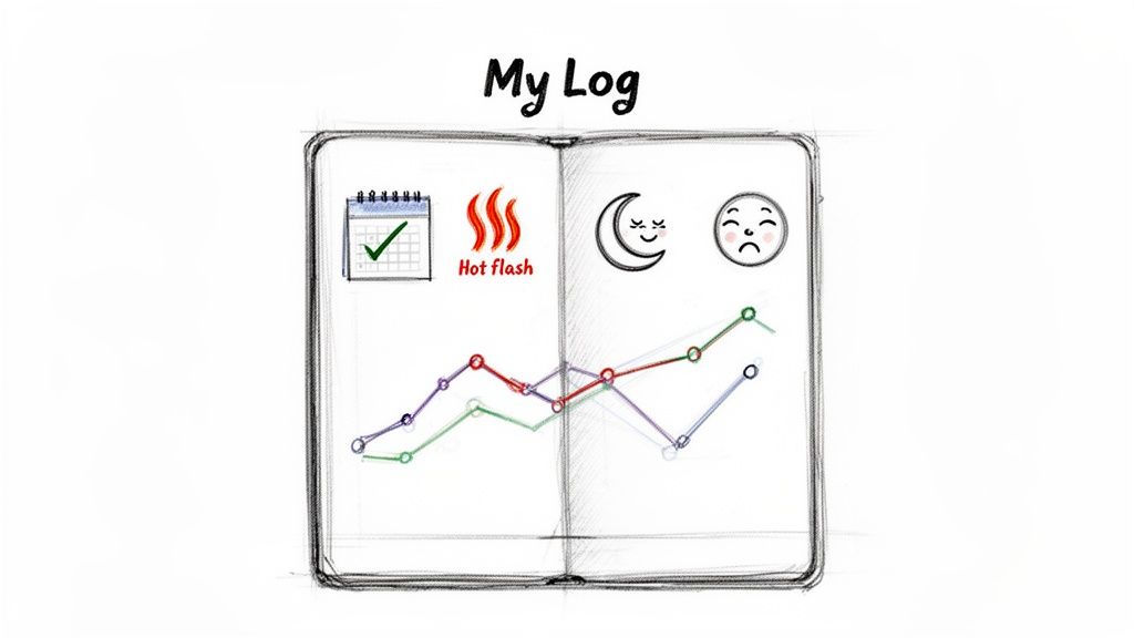 A hand-drawn open journal titled 'My Log' displaying calendar, hot flash, sleep, mood icons, and symptom tracking graphs.