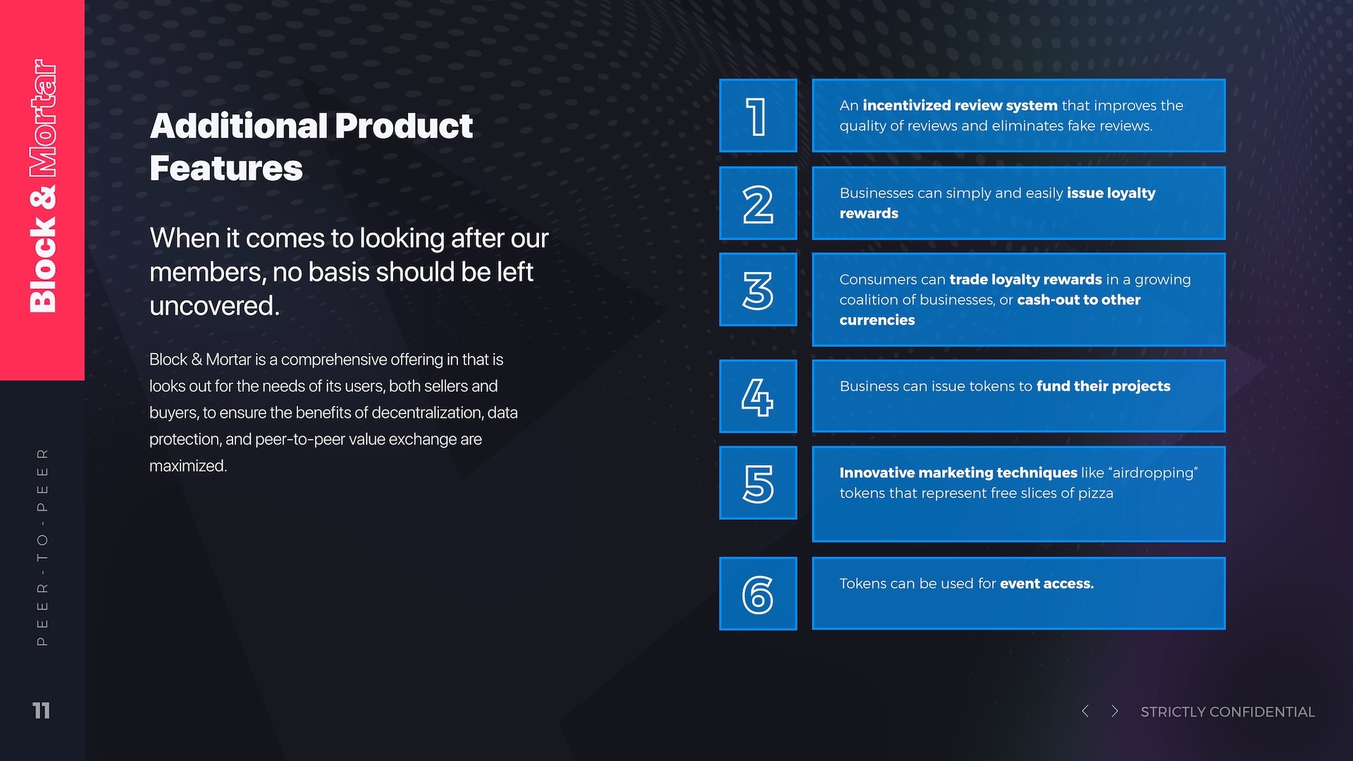 Additional Product Features slide with six numbered blue feature cards: incentivized review system eliminating fake reviews, easy loyalty rewards issuance for businesses, tradeable loyalty rewards with cash-out options, token funding for business projects, innovative airdrop marketing techniques, and event access token functionality