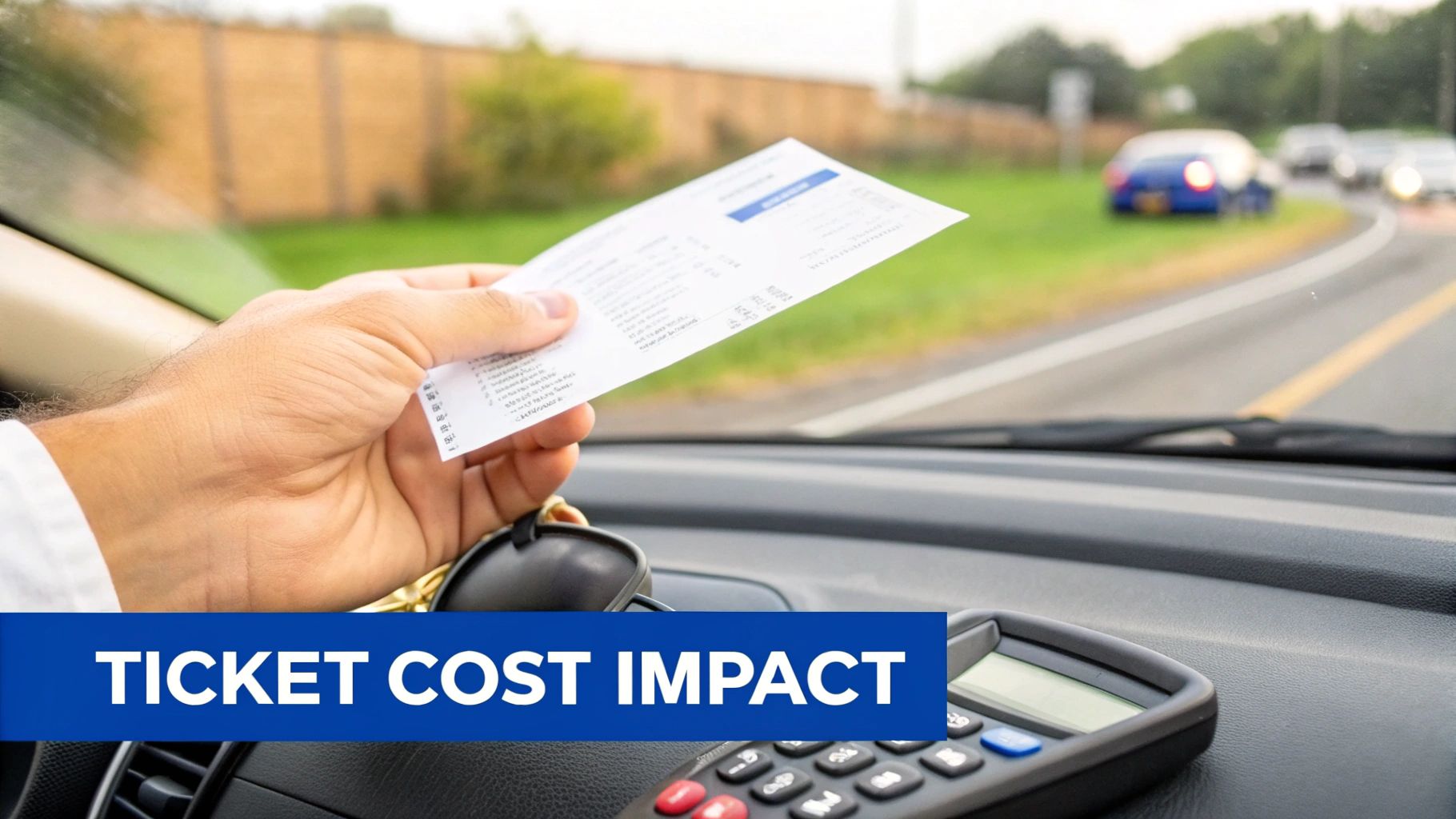 A hand inside a car holds a traffic ticket, with a calculator on the dashboard, illustrating 'Ticket Cost Impact'.