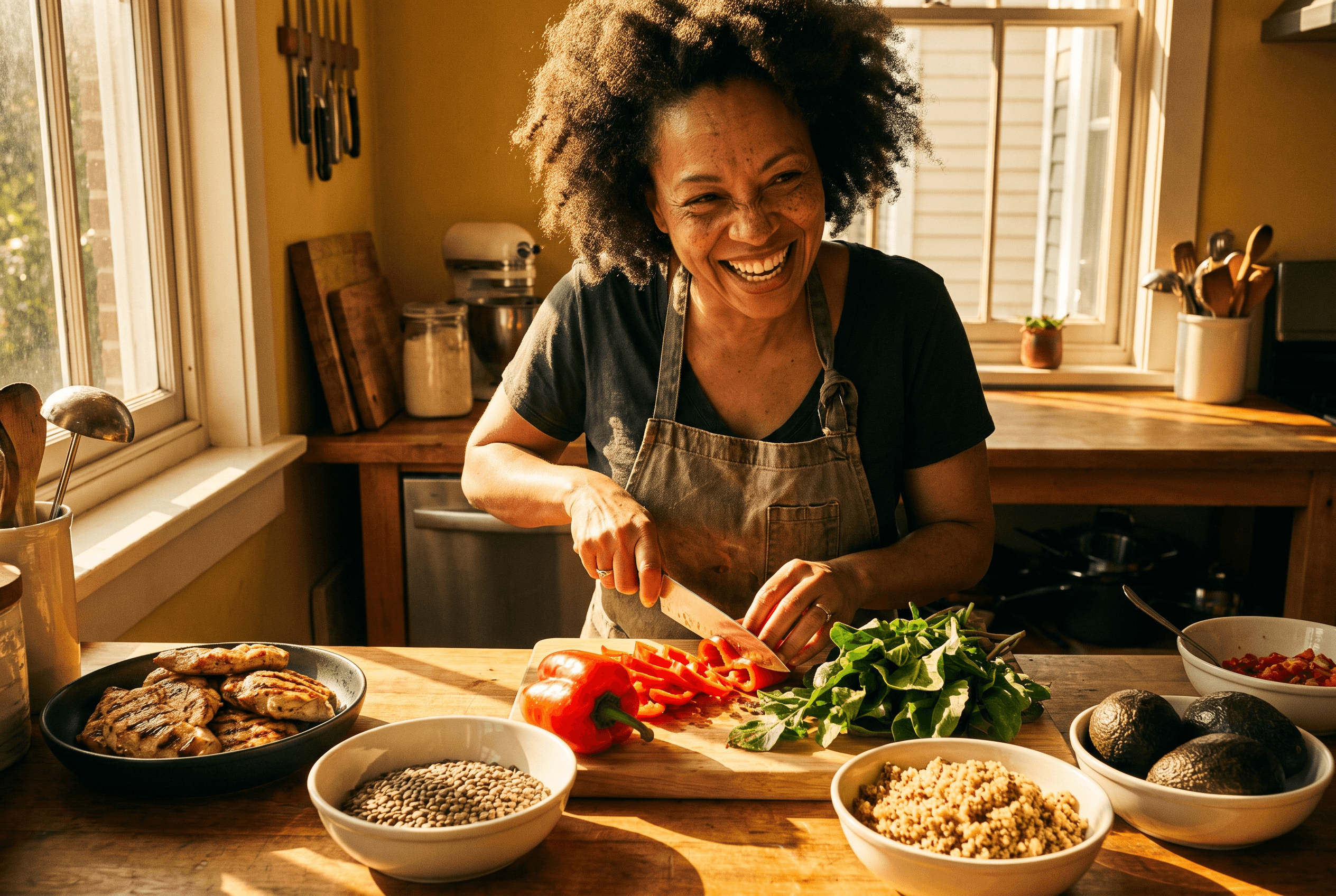 A woman in her late 40s preparing a fresh protein-rich meal with colorful vegetables in warm light
