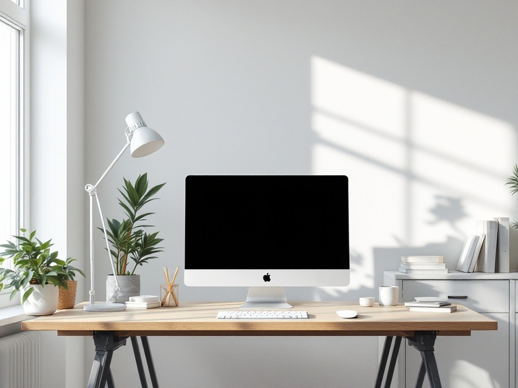 A minimalist home office setup with a white desk, computer, plants, and books.