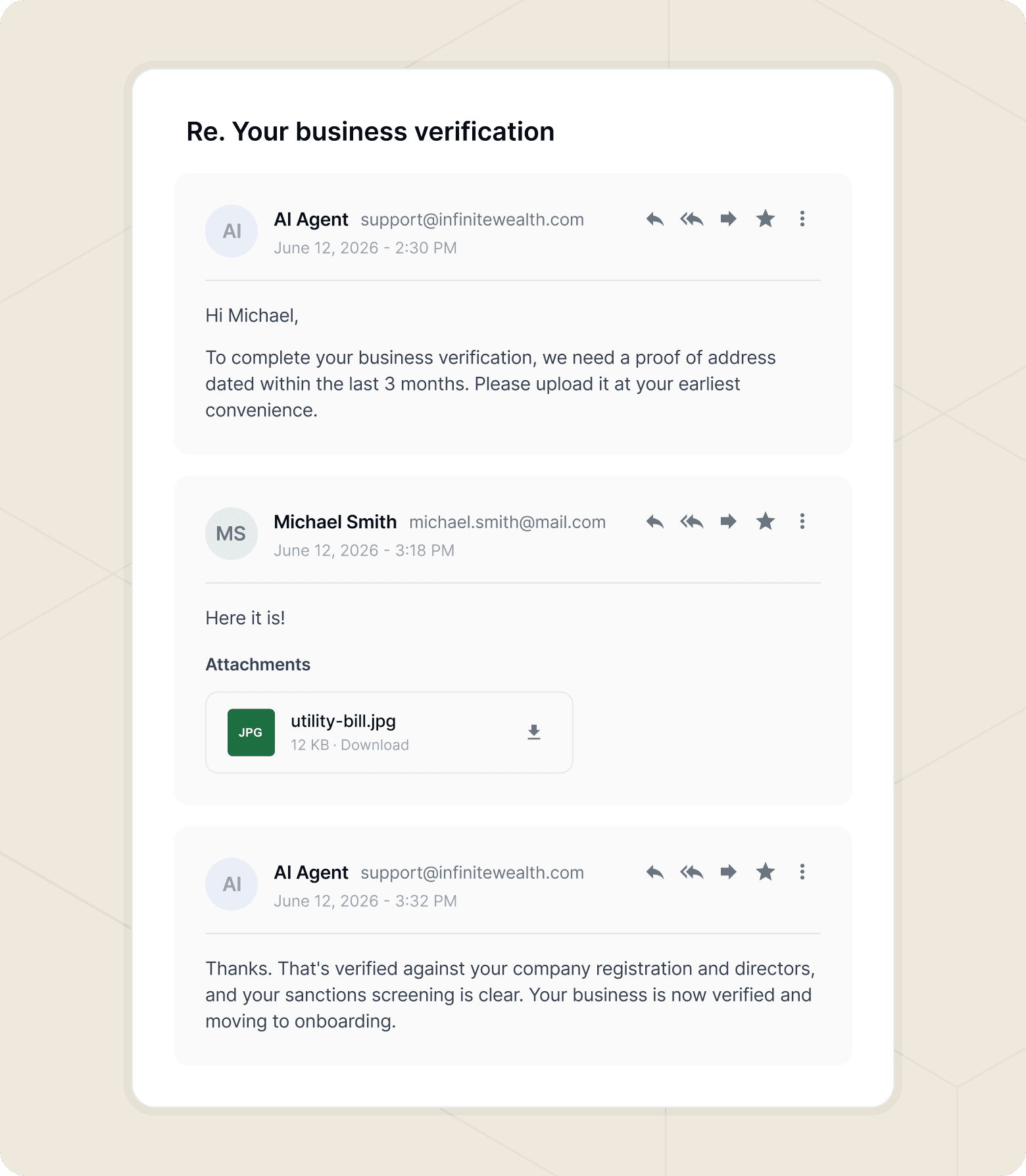 Screenshot of a customer conversation with an AI agent handling business verification.