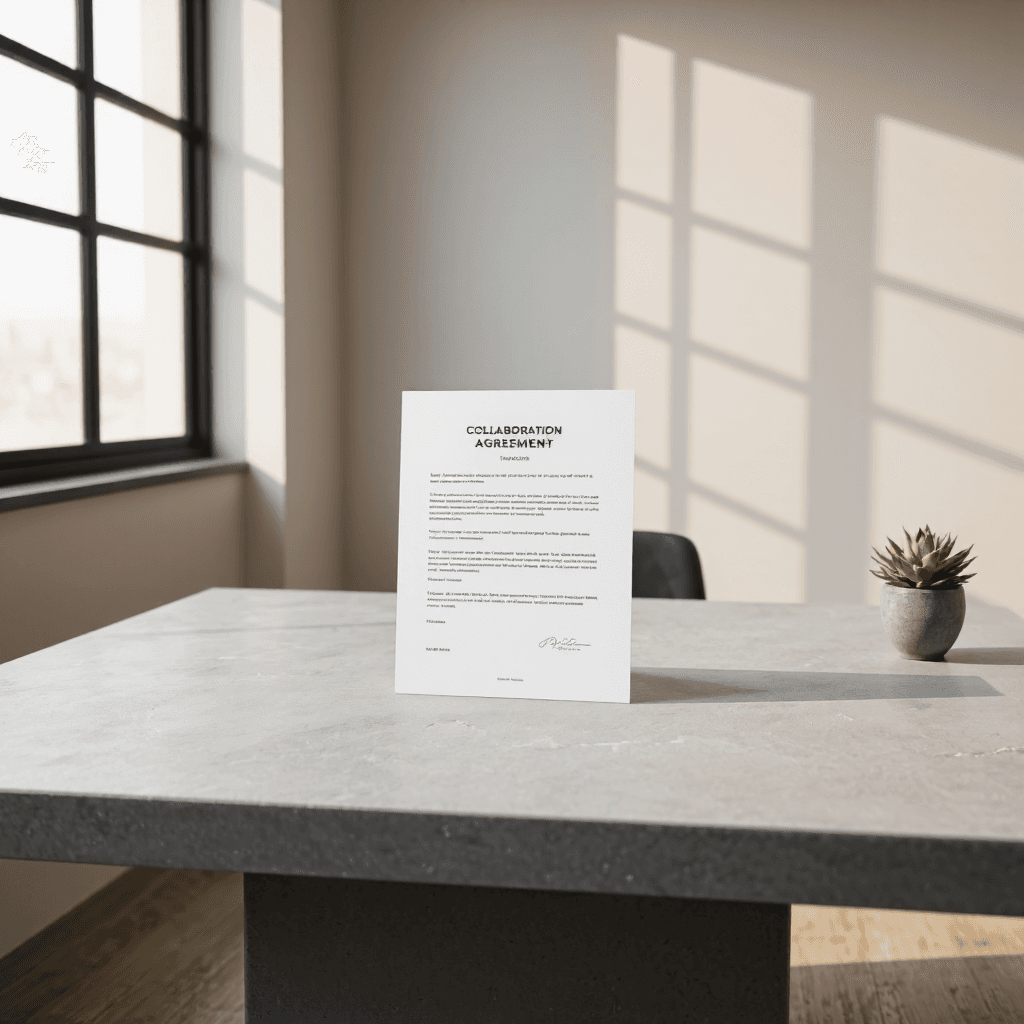 product photography of collaboration agreement signing document